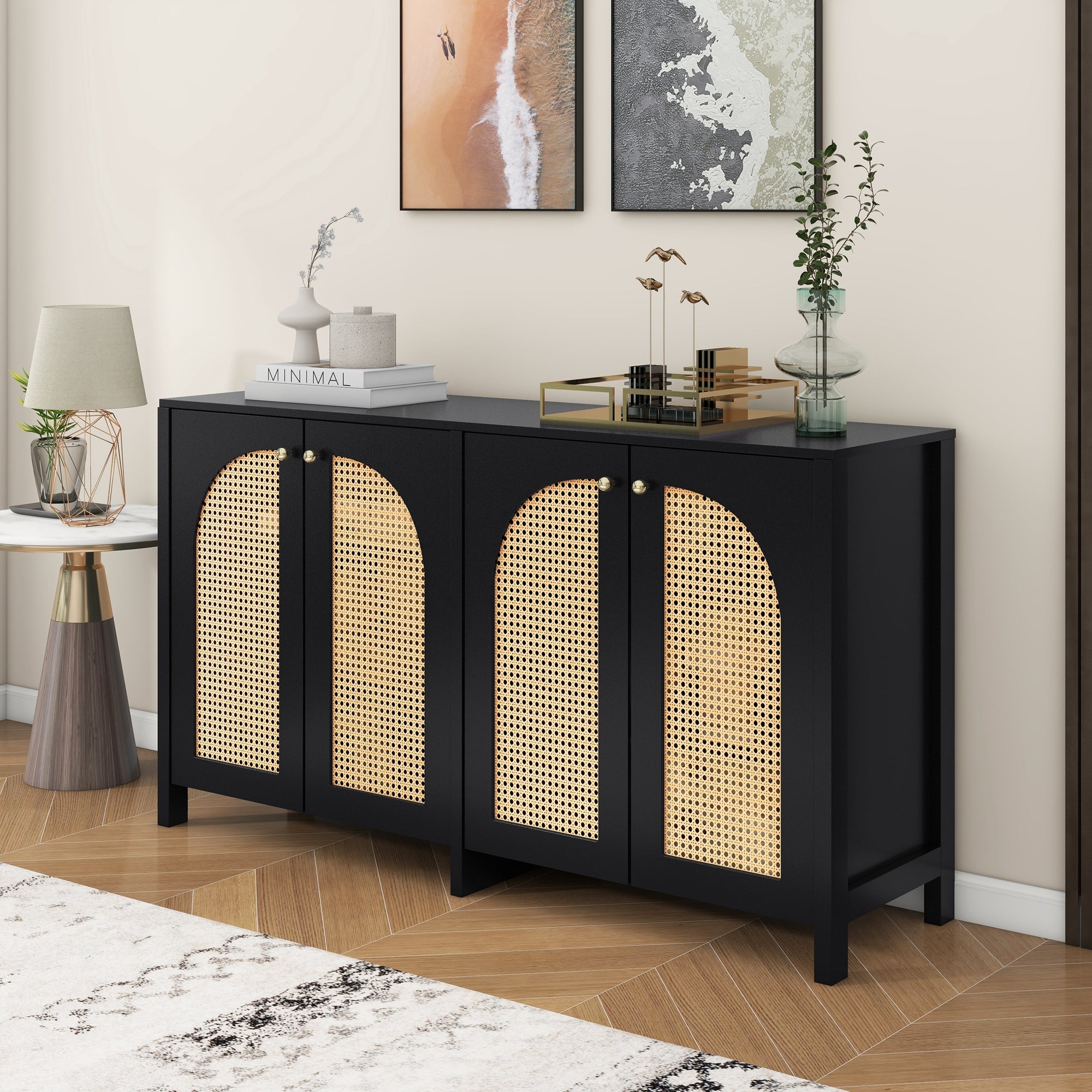 Sideboard, Minimalist with 4 Rattan Doors & Metal Handles, Black - Clearance
