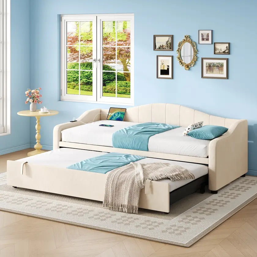 Beige Velvet Upholstered 3ft Daybed - Clearance