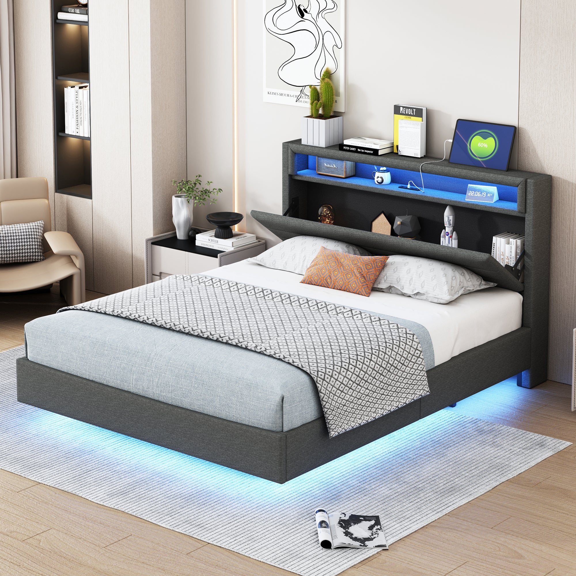 Upholstered Bed 140x200cm, Linen Fabric Grey - Clearance