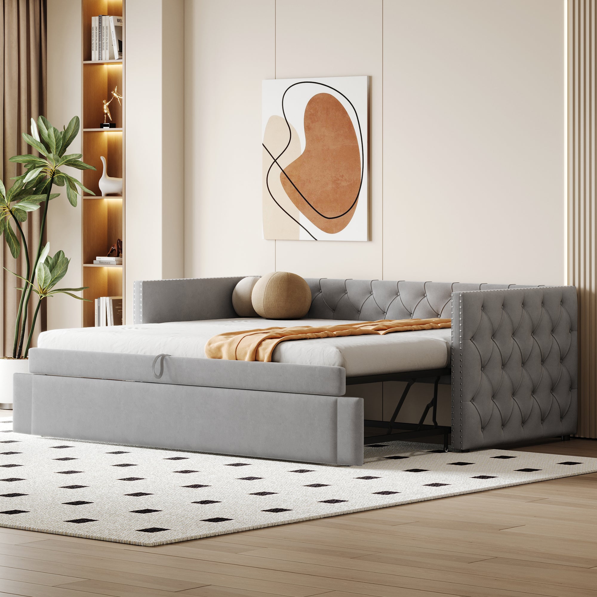 Pull-Out Sofa Bed, 90x200cm, Light Grey Velvet - Clearance