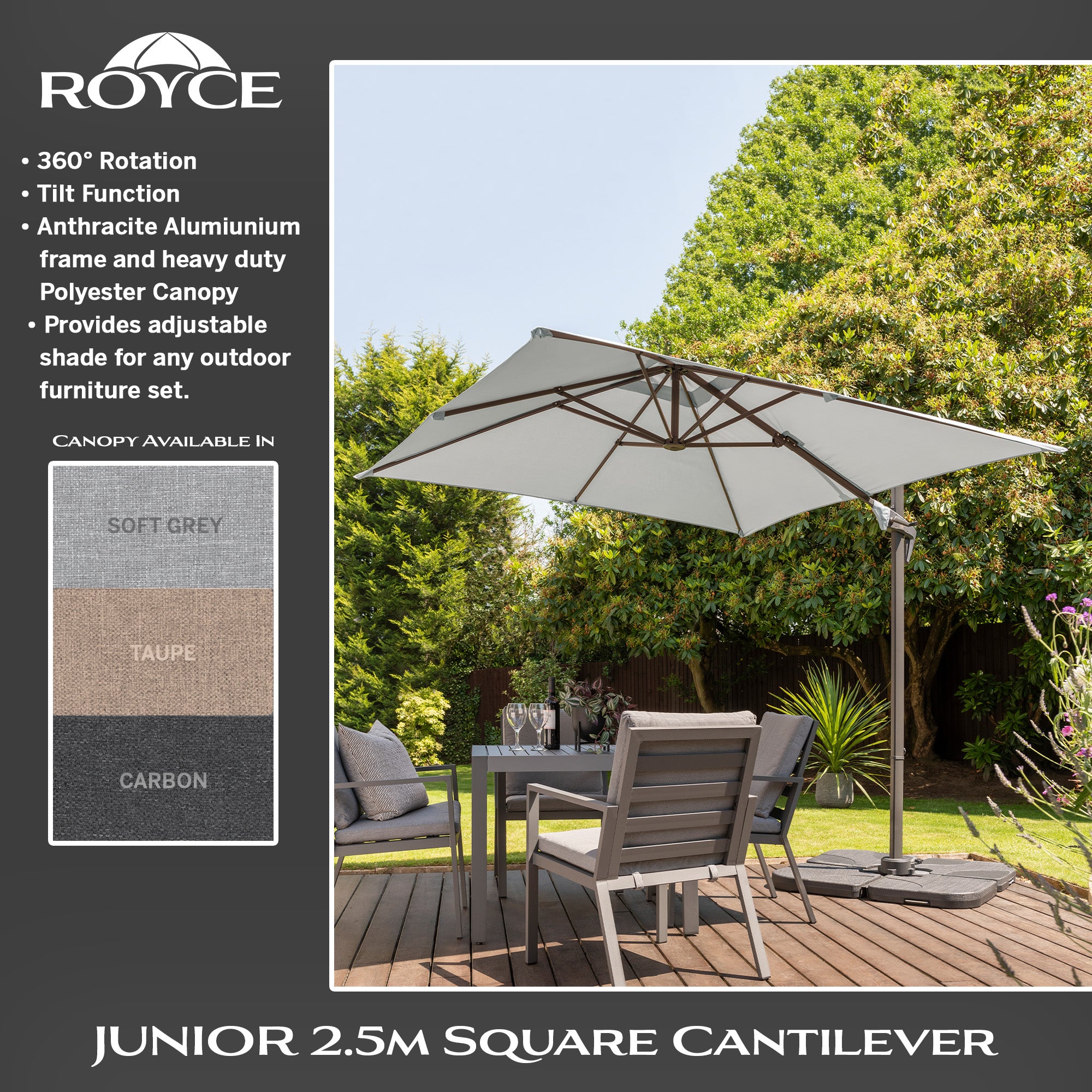 Royce - Junior 2.5m Square Cantilever Parasol (Soft Grey)