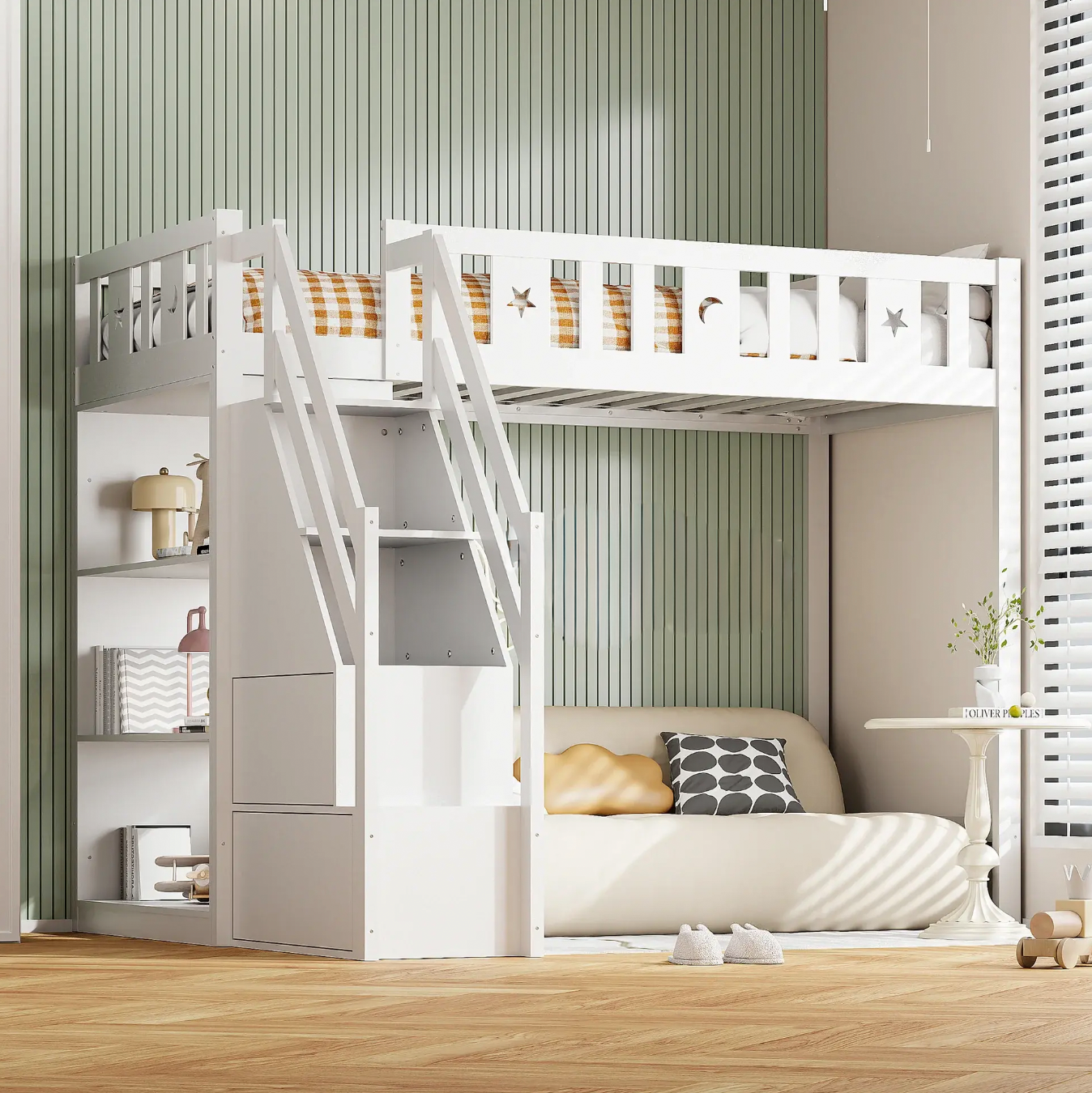 Loft Bed with Storage Ladder & Shelves, Single Wooden, Solid Wood Frame, White