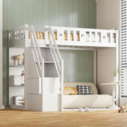 Loft Bed with Storage Ladder & Shelves, Single Wooden, Solid Wood Frame, White