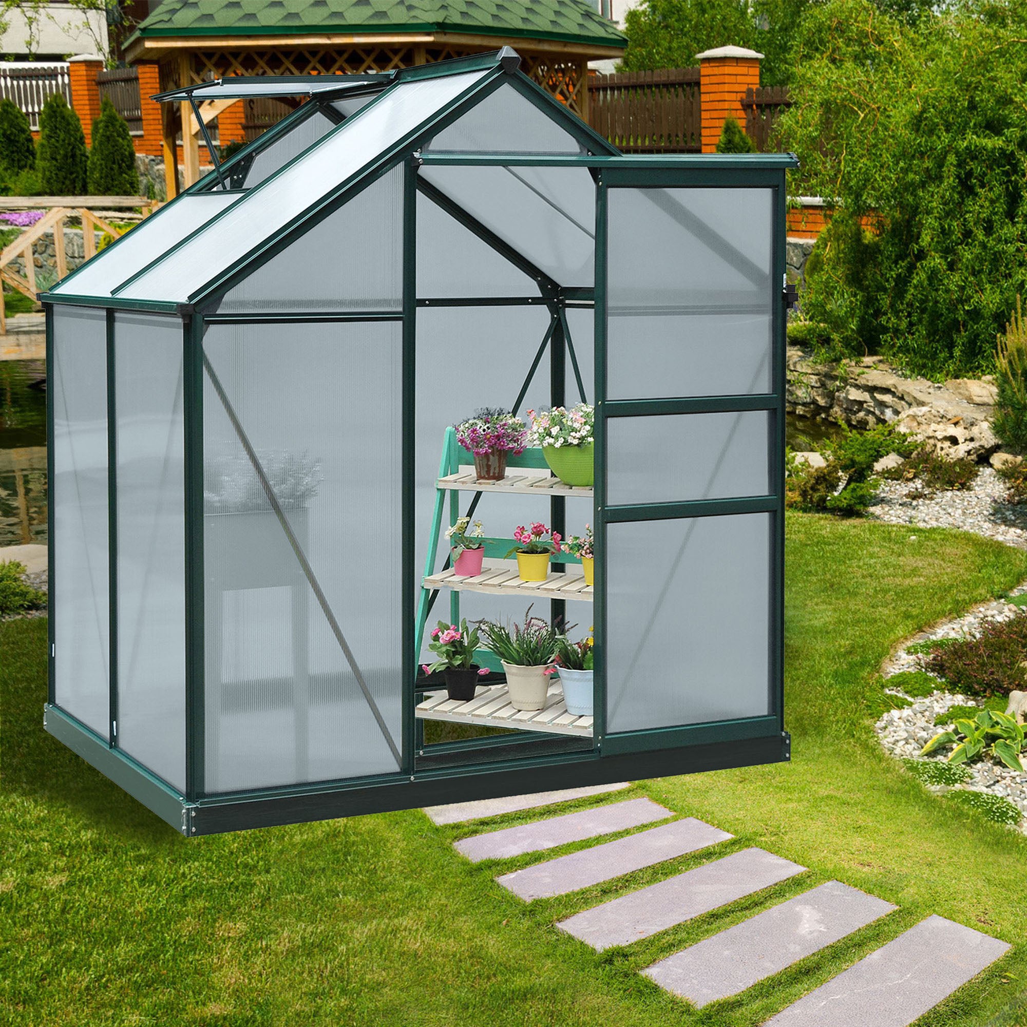 Polycarbonate Greenhouse, Large Walk-In 6 x 4ft with Slide Door and Window, Aluminium Frame, Dark Green - Clearance