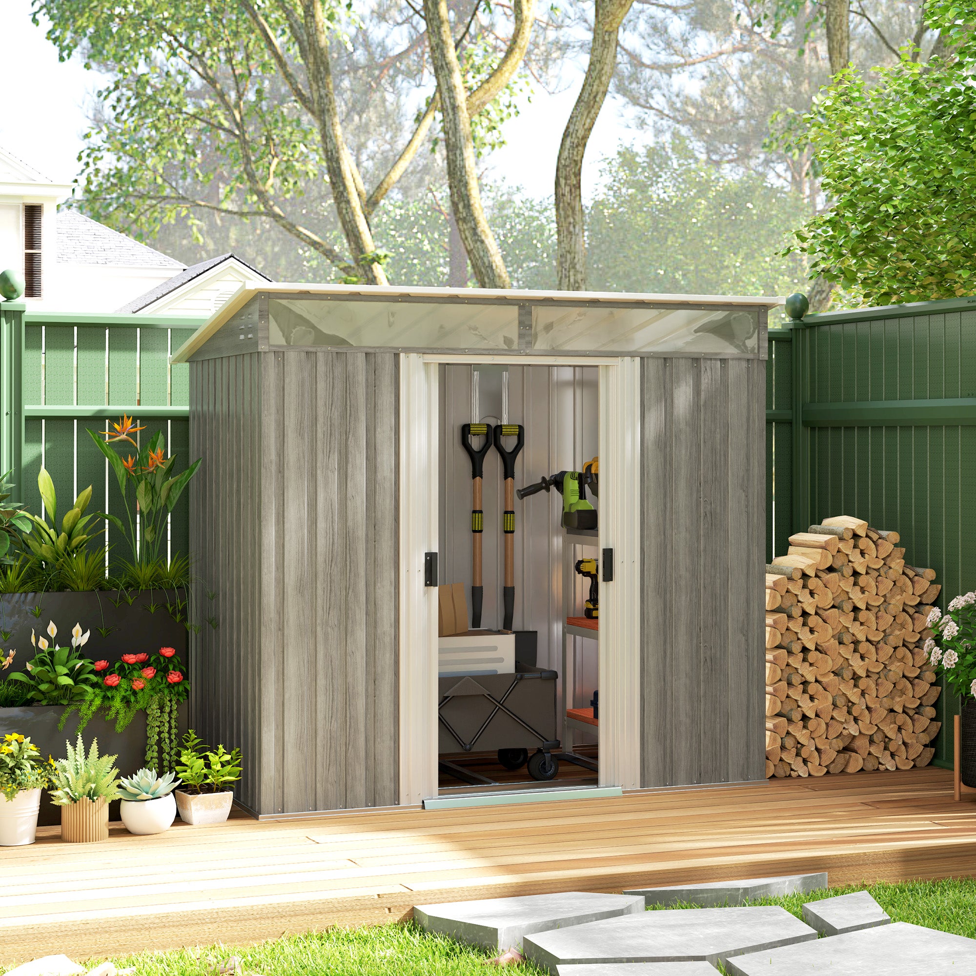 Metal Shed 6.5 x 4FT Galvanised, Lockable Tool Garden Shed with Double Sliding Doors, Vents, Light Grey Wood Effect - Clearance