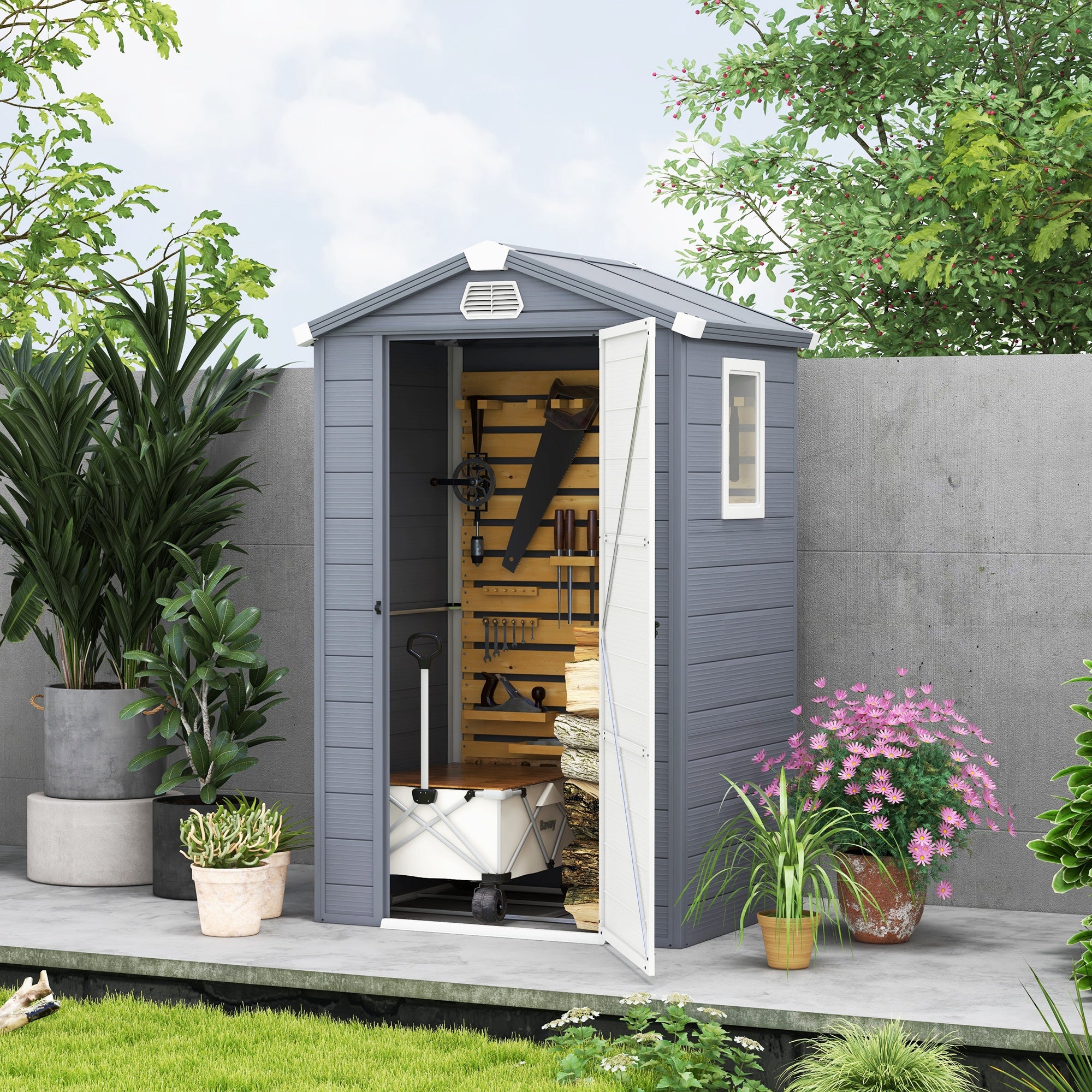 Aluminium Frame and Plastic Wall Shed, 4.4ft x 3.3ft with Foundation - Grey - Clearance