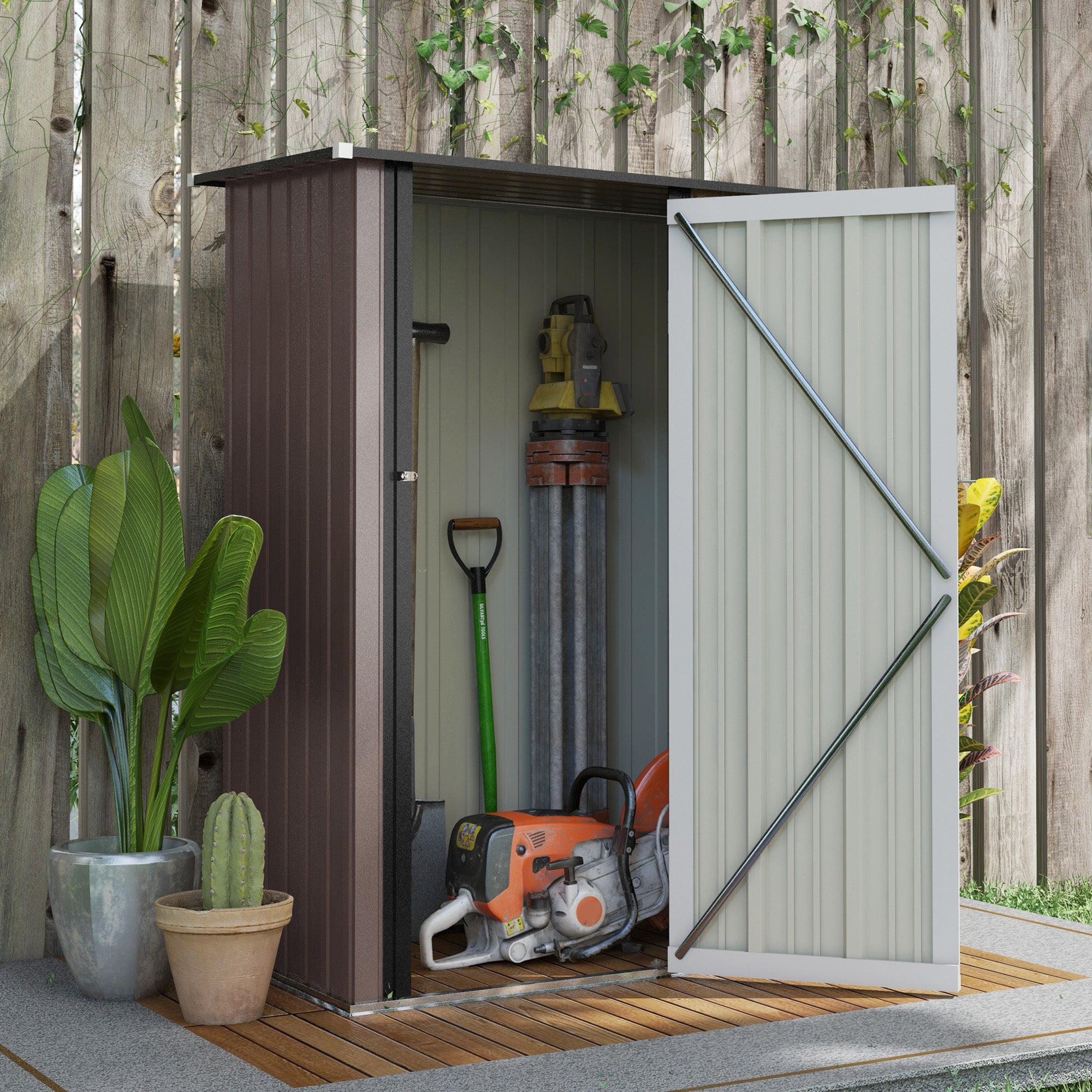 Metal Garden Storage Shed, 5ft x 3ft Sloped Roof Lockable Door, Brown - Clearance