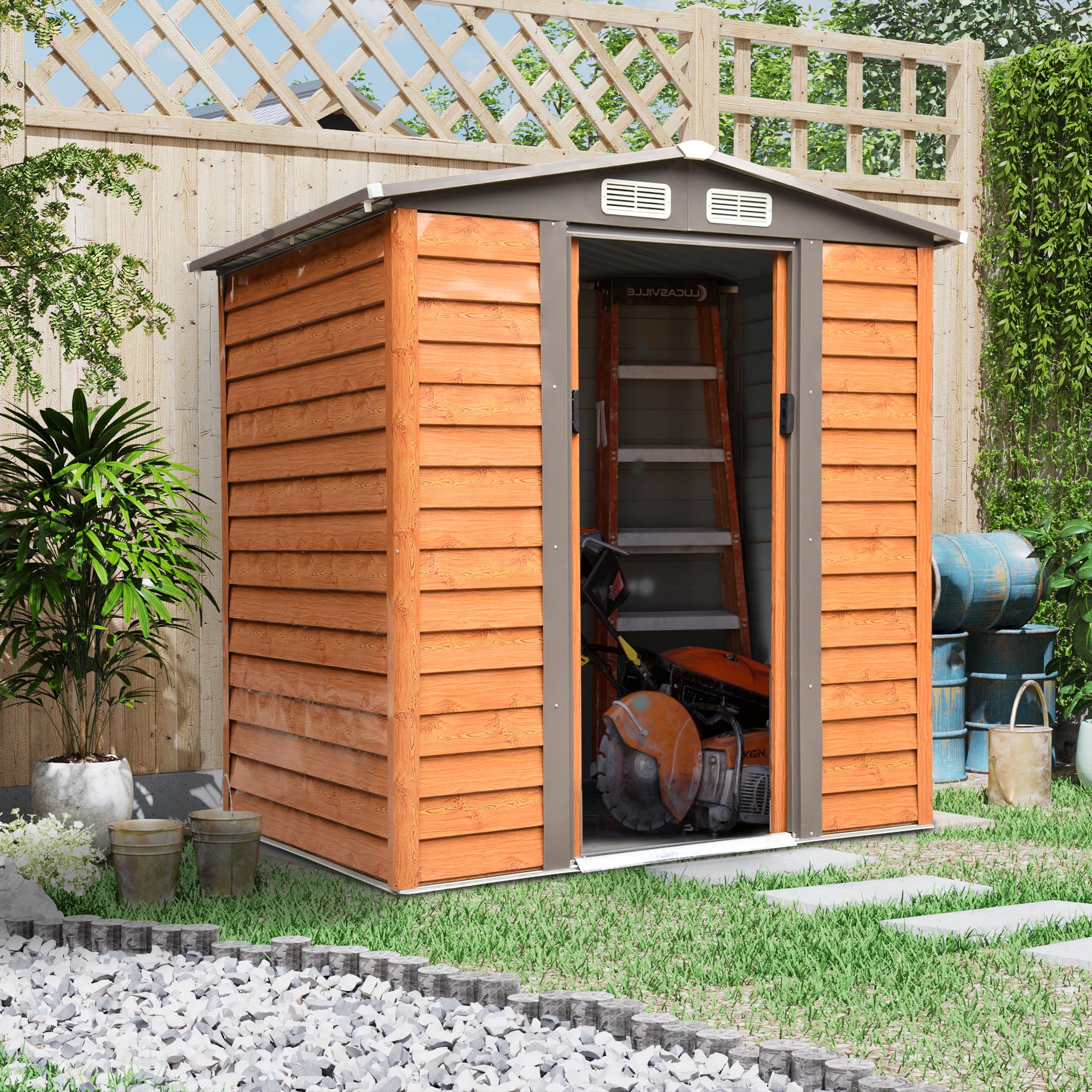 Metal Garden Shed with Ventilations, Sliding Door, Sloped Roof, Brown - Clearance