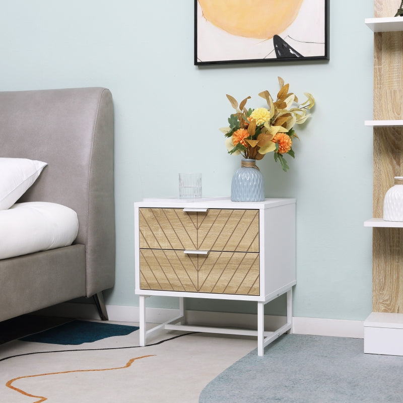 Modern Bedside Table with 2 Drawers, Sofa Side Table, White and Oak - Clearance
