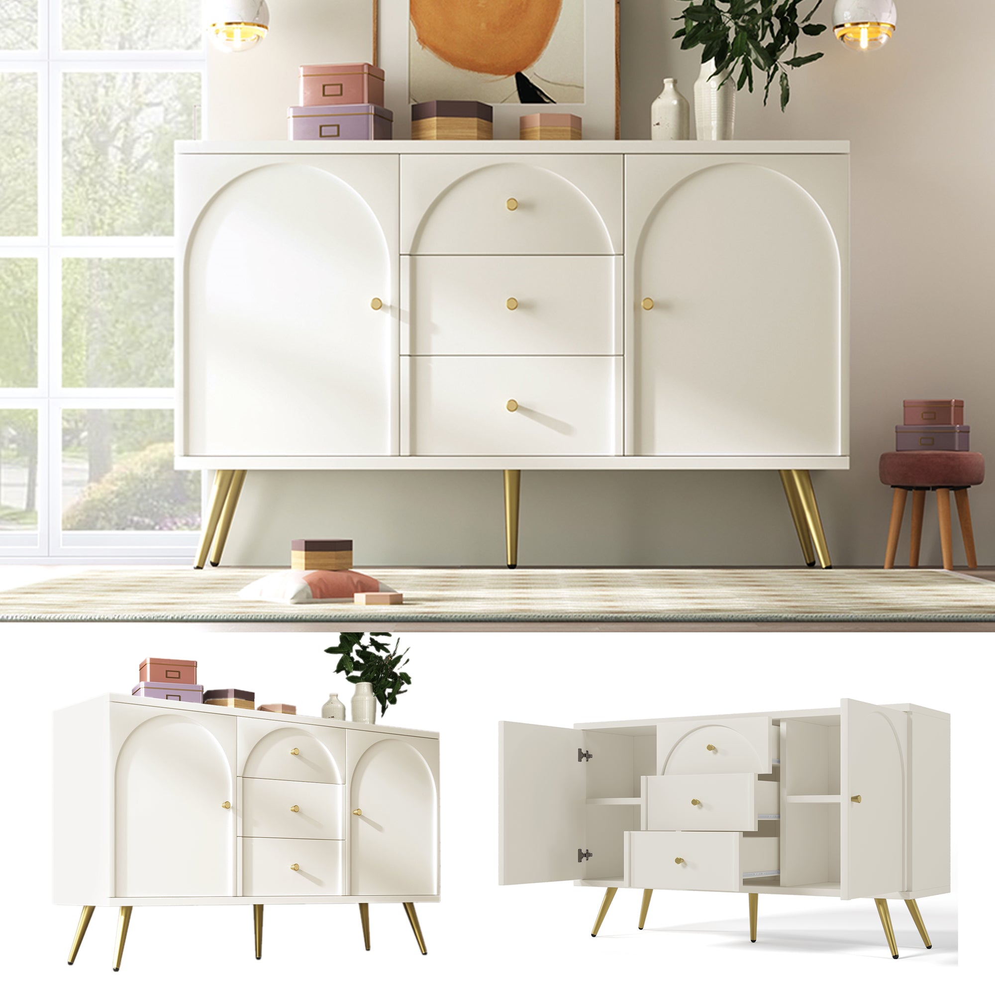 Sideboard Cabinet for Living Room with 2 Doors, 3 Drawers, and Adjustable Shelf, Cream White - Clearance