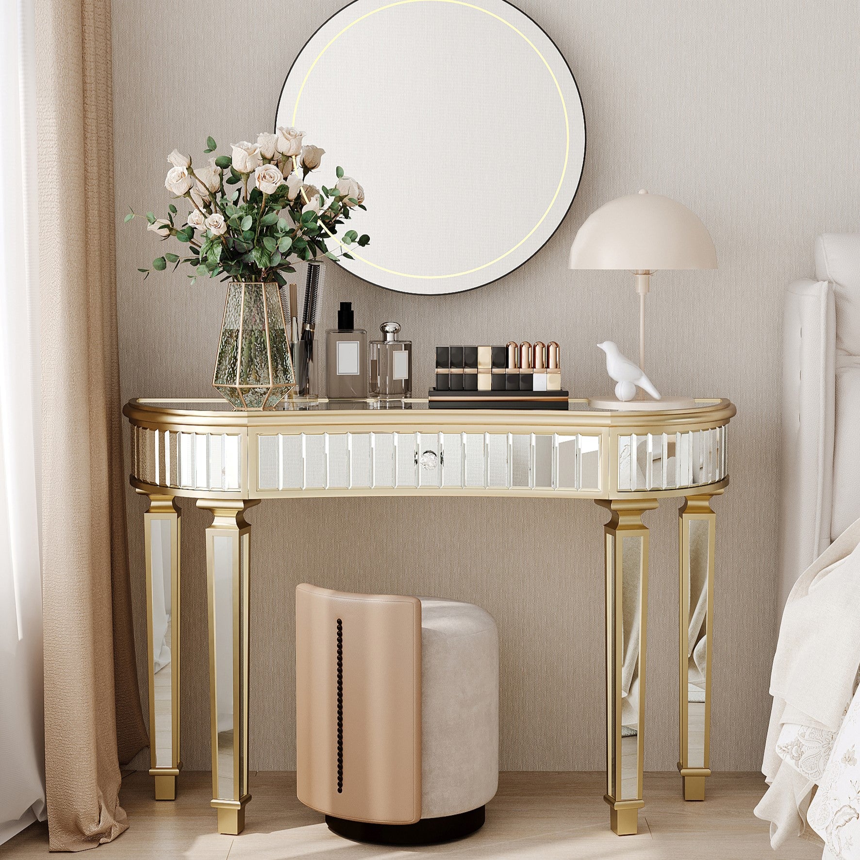 Half-Moon Console Table 120cm Mirrored Fluted Glass Drawer - Gold/Silver- Clearance