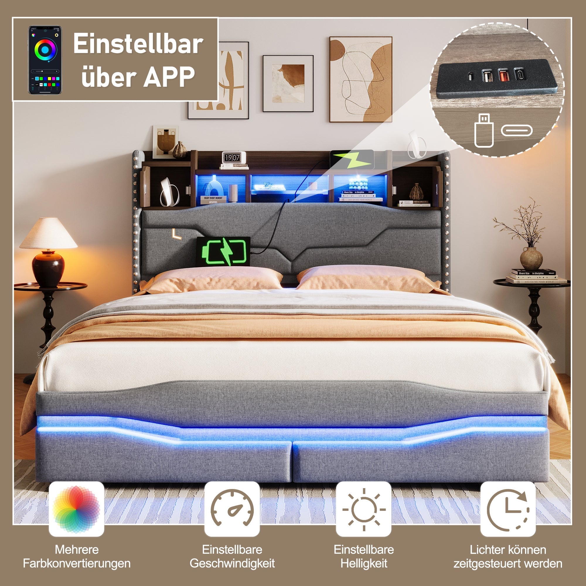 Upholstered Bed 160x200cm Hydraulic Storage LED USB-C Headboard Grey