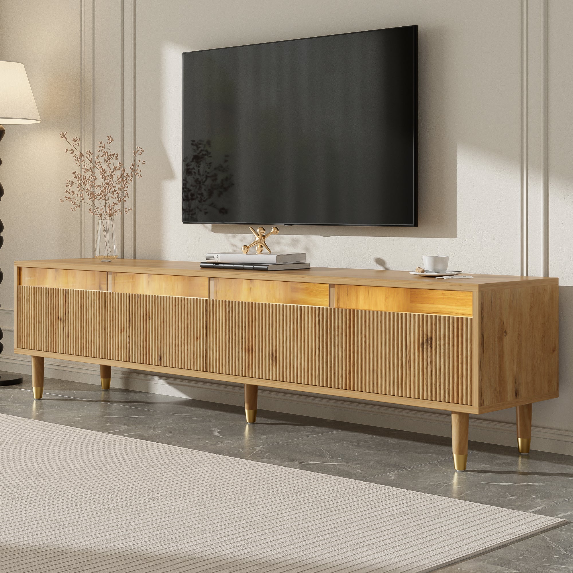 Modern TV Cabinet 178cm Minimalist Large Storage 4 Drawers, Wood Look MDF & Acrylic