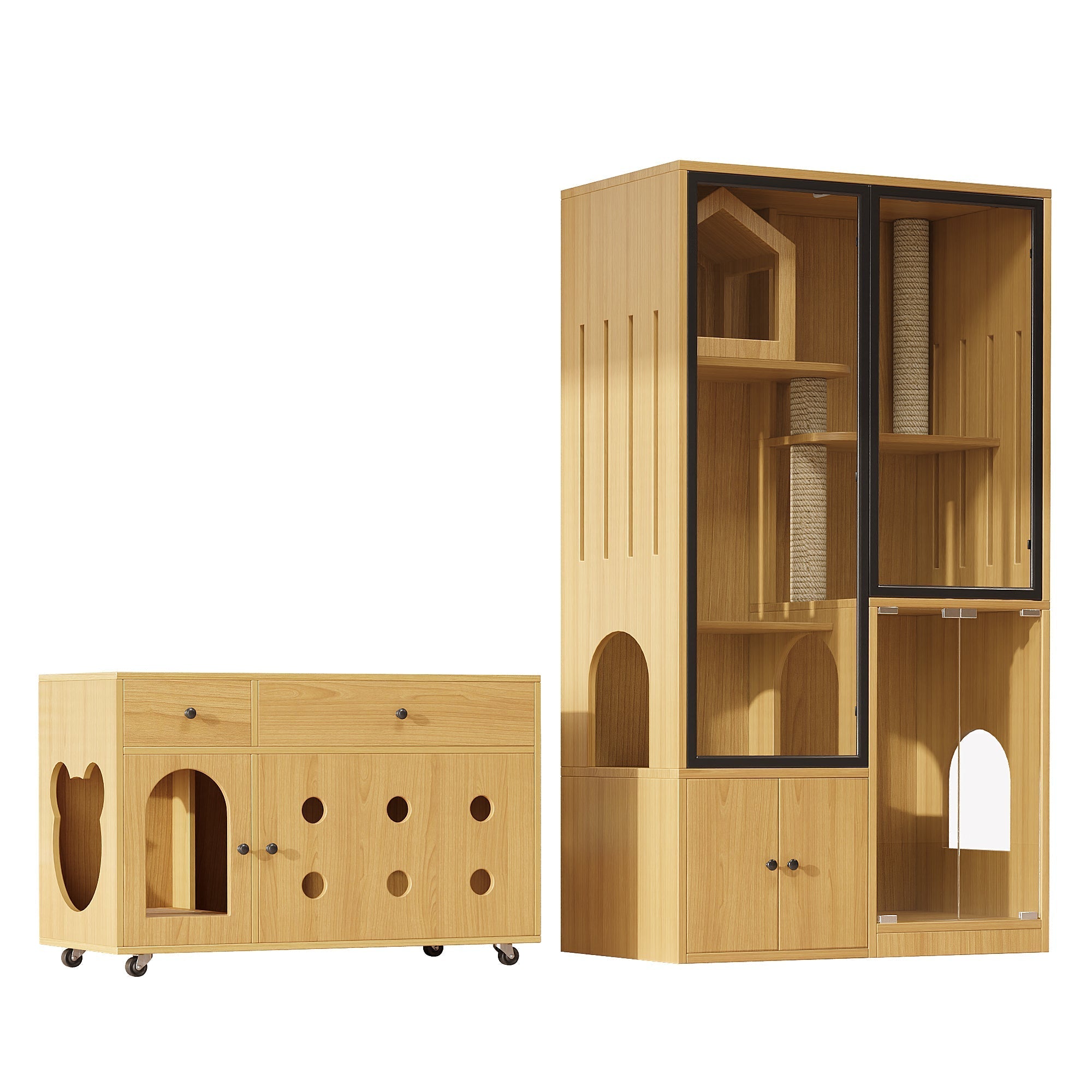 Cat Villa Litter Box Cabinet Glass House - Yellow Maple Wood Color