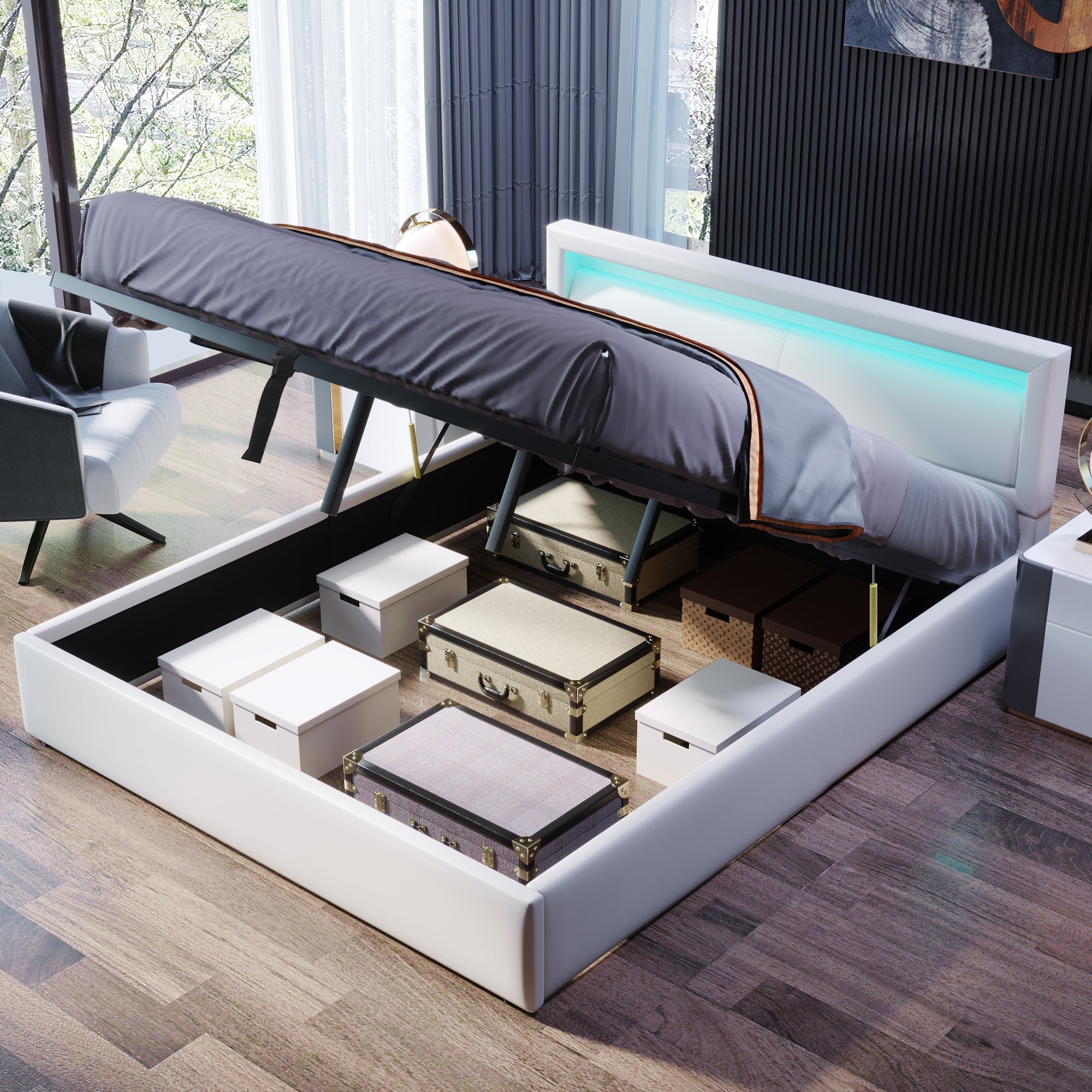 Upholstered LED Bed 140x190cm Storage & Illuminated Headboard Faux Leather White