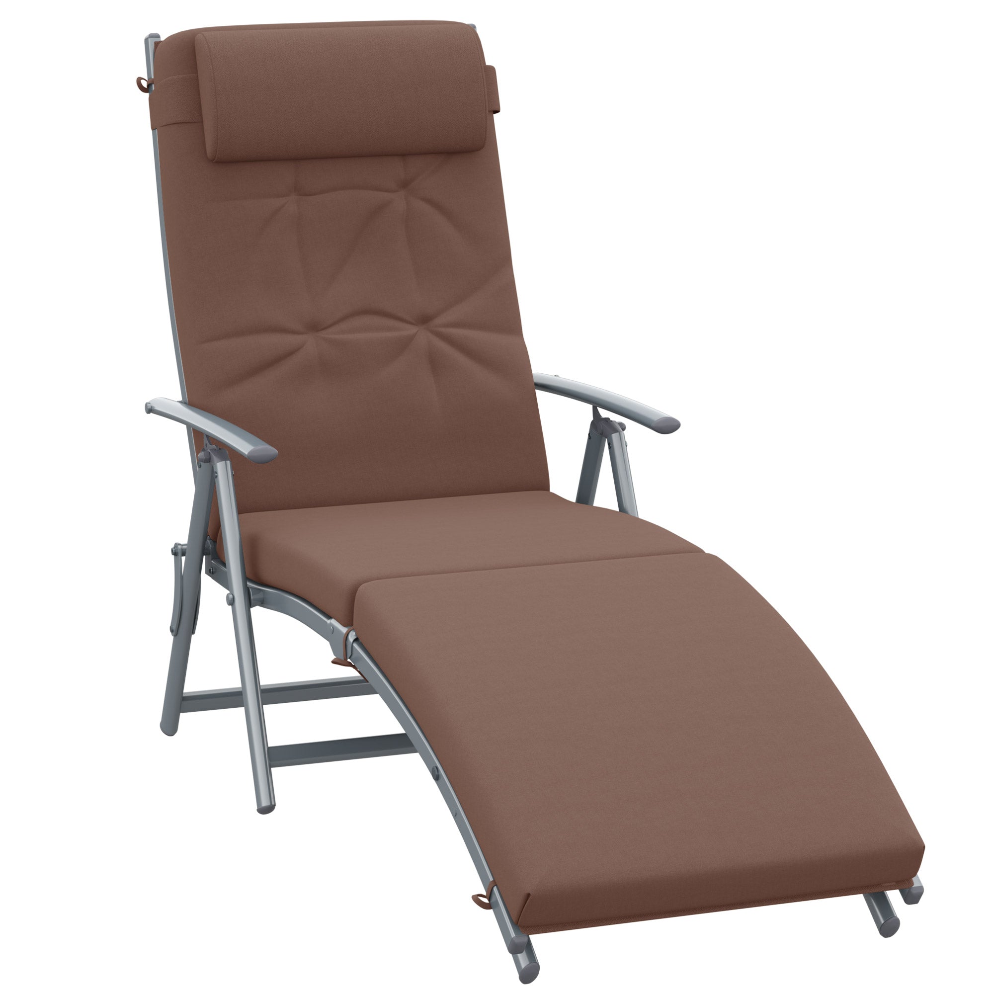 Sun Lounger Folding Chaise Recliner with Adjustable Backrest and Headrest, Brown Texteline