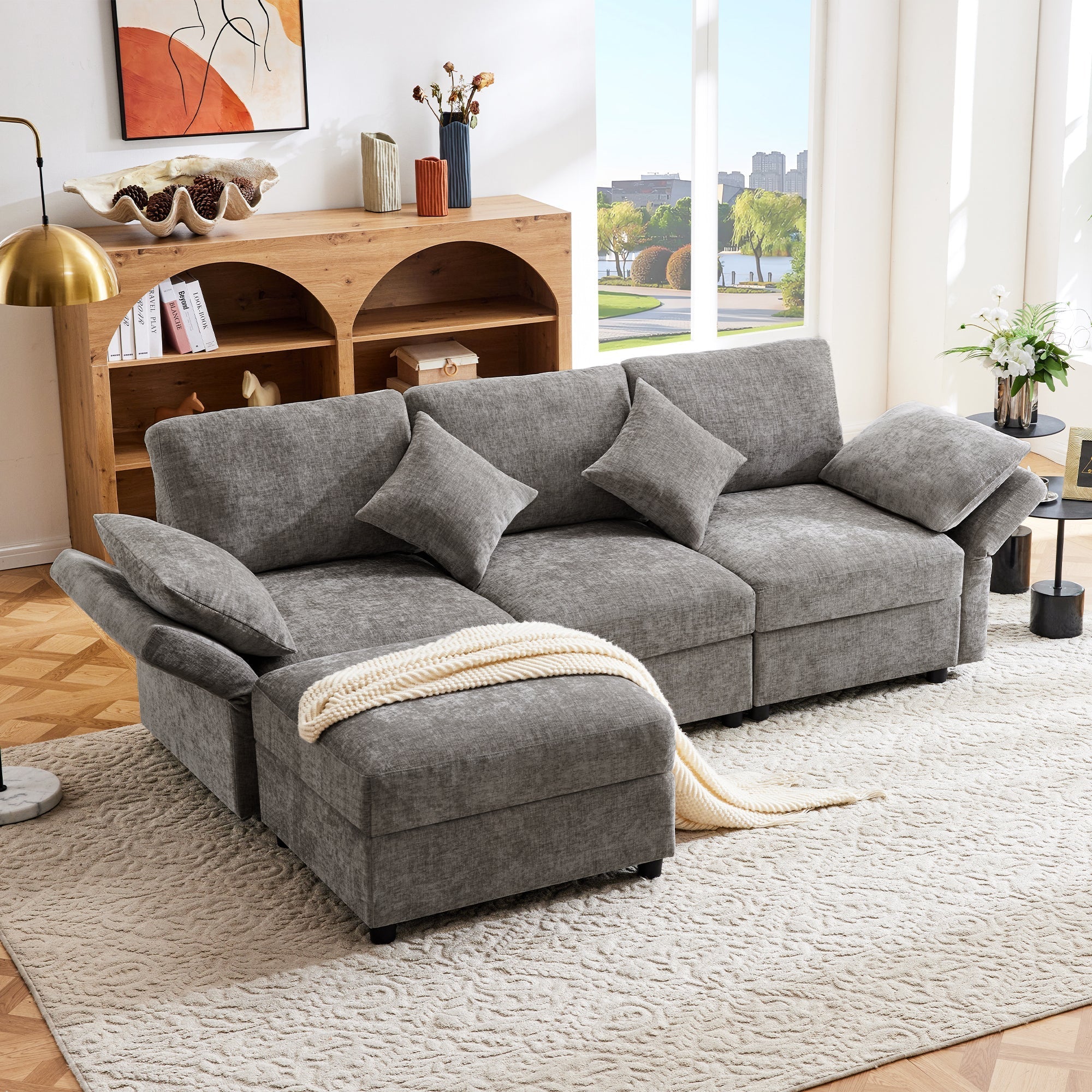 L-shaped Corner Sofa Bed 3-Seater Footstool Adjustable Armrests Chenille Gray