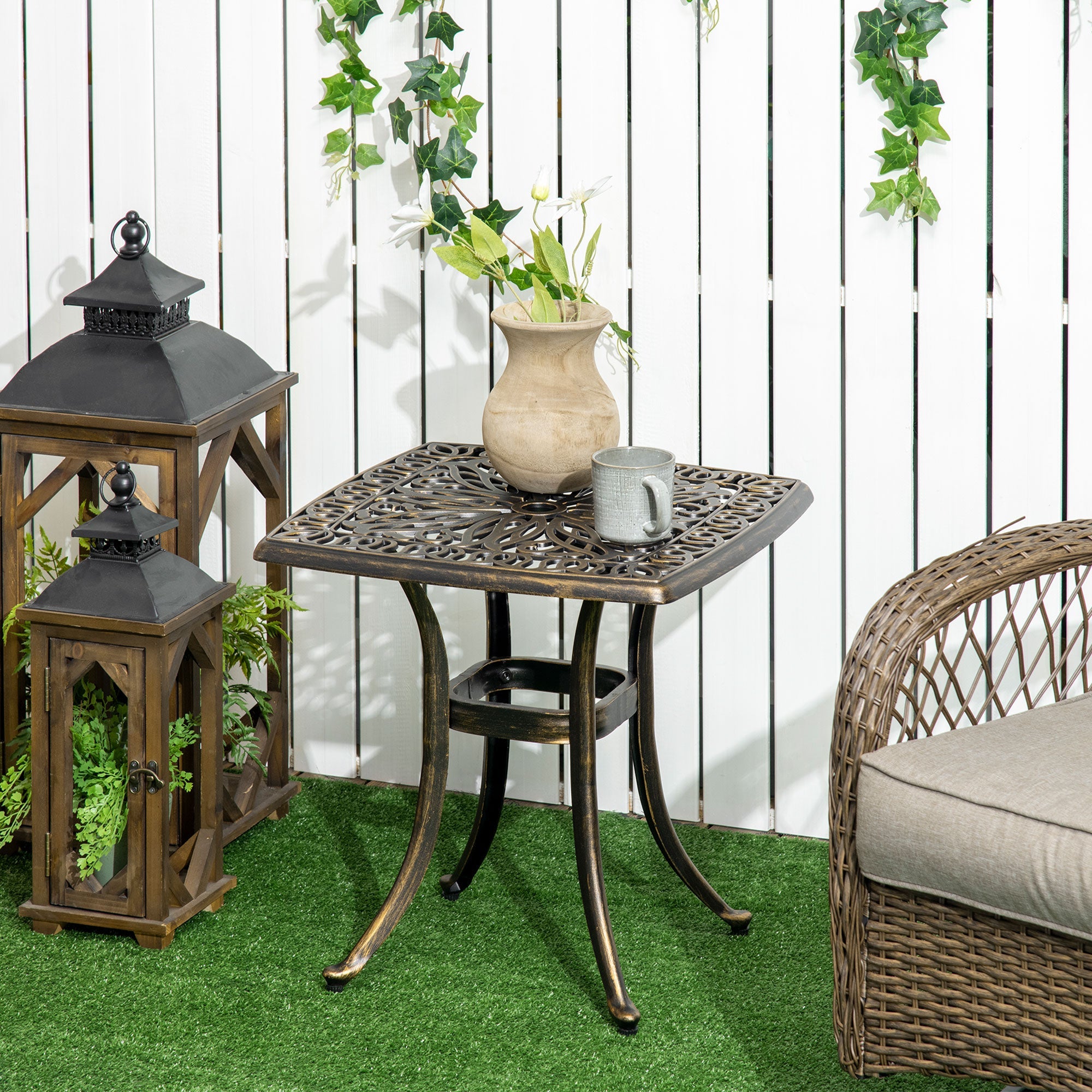 Side Table/Patio Table 54x54x52.5cm Parasol Hole Aluminum Frame Bronze
