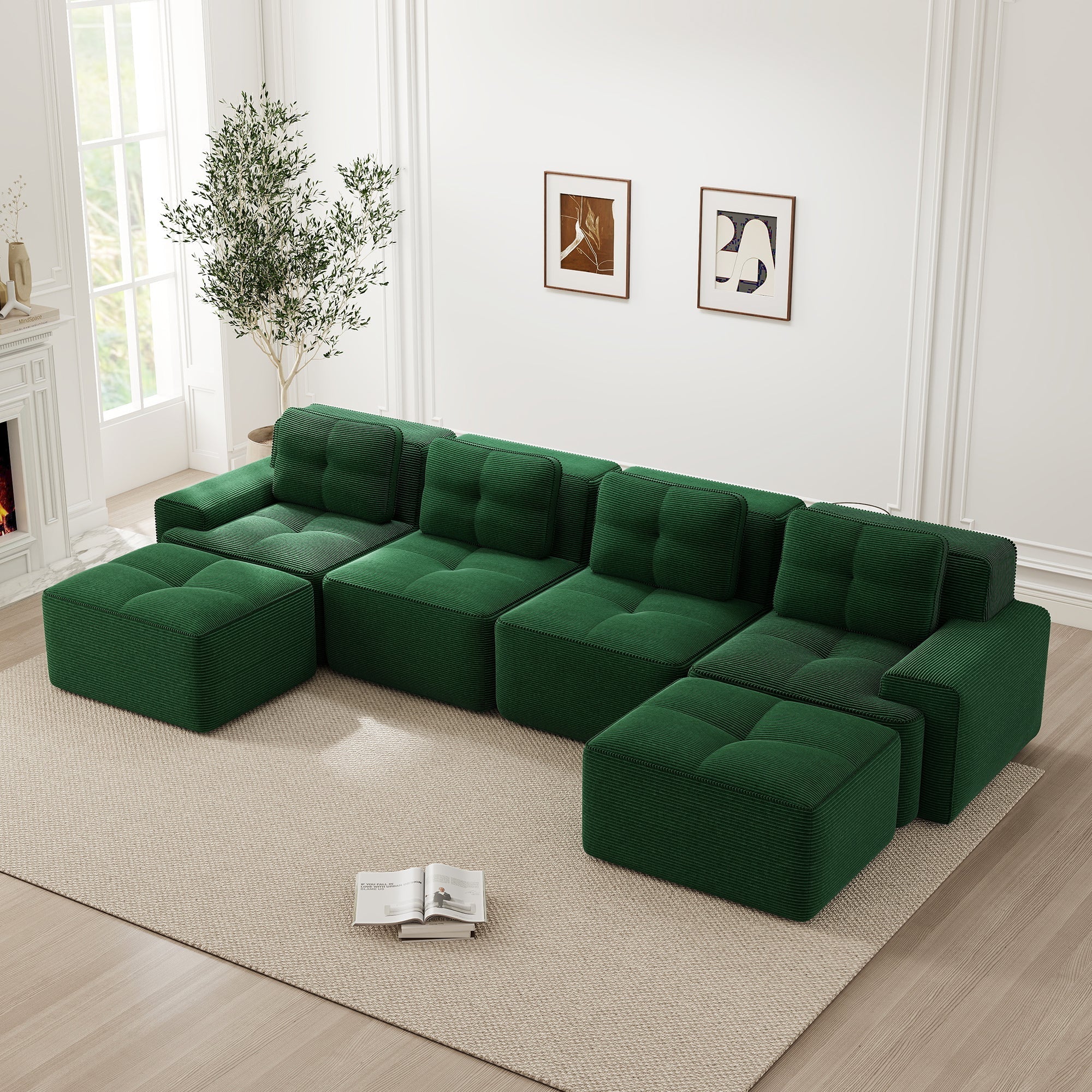 Modular Boneless Sofa U-Shaped Chaise 4-Seater - Corduroy Green