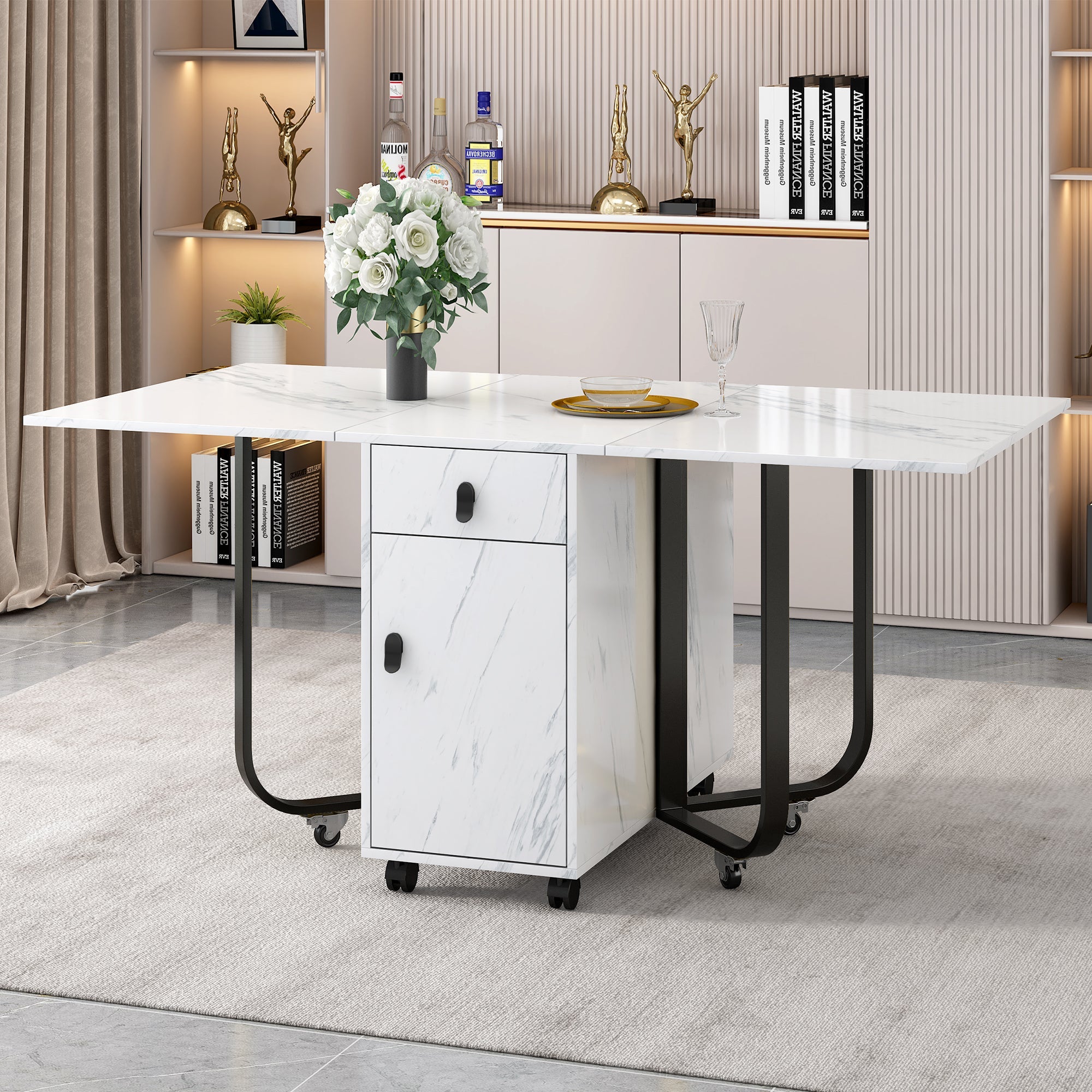 Folding Dining Table, Space-Saving with Cabinet and 2 Drawers, White/Black