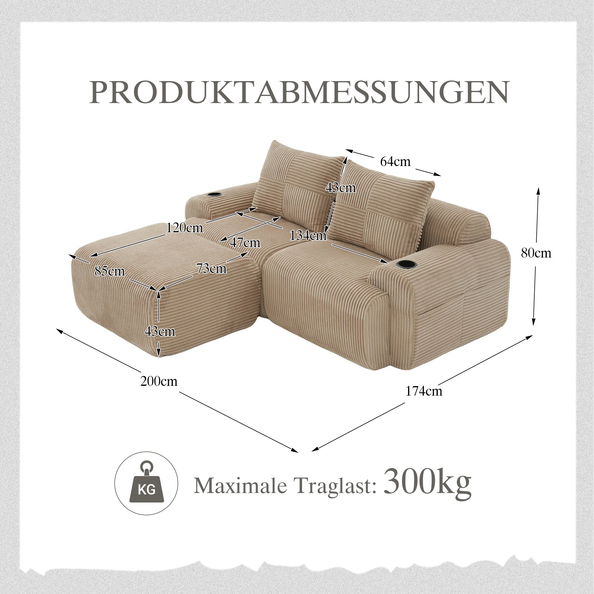 Modular Corduroy Sofa with Ottomans, Cup Holder and Side Pocket, Khaki