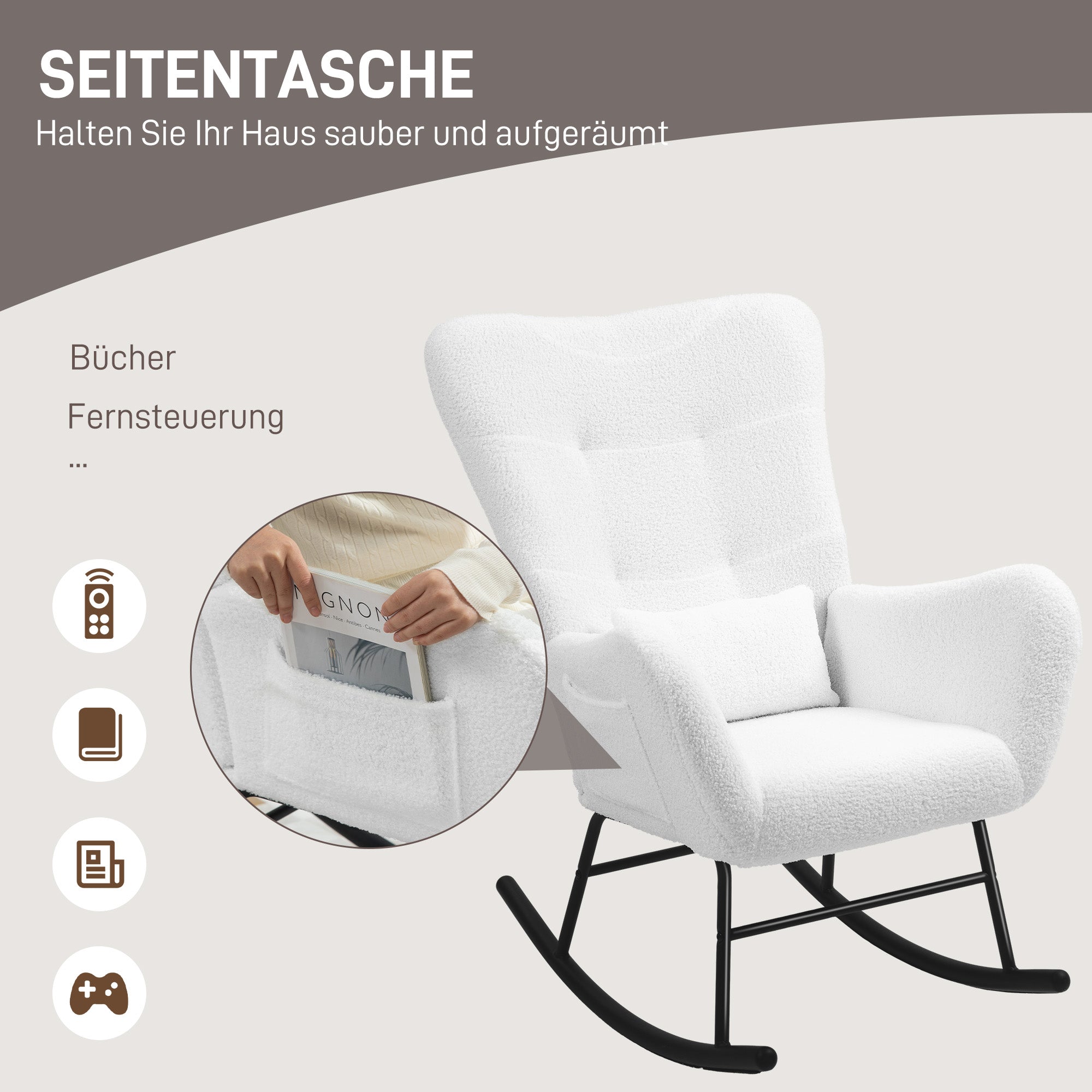 Rocking Chair, Teddy Fabric, Lumbar Cushion, White