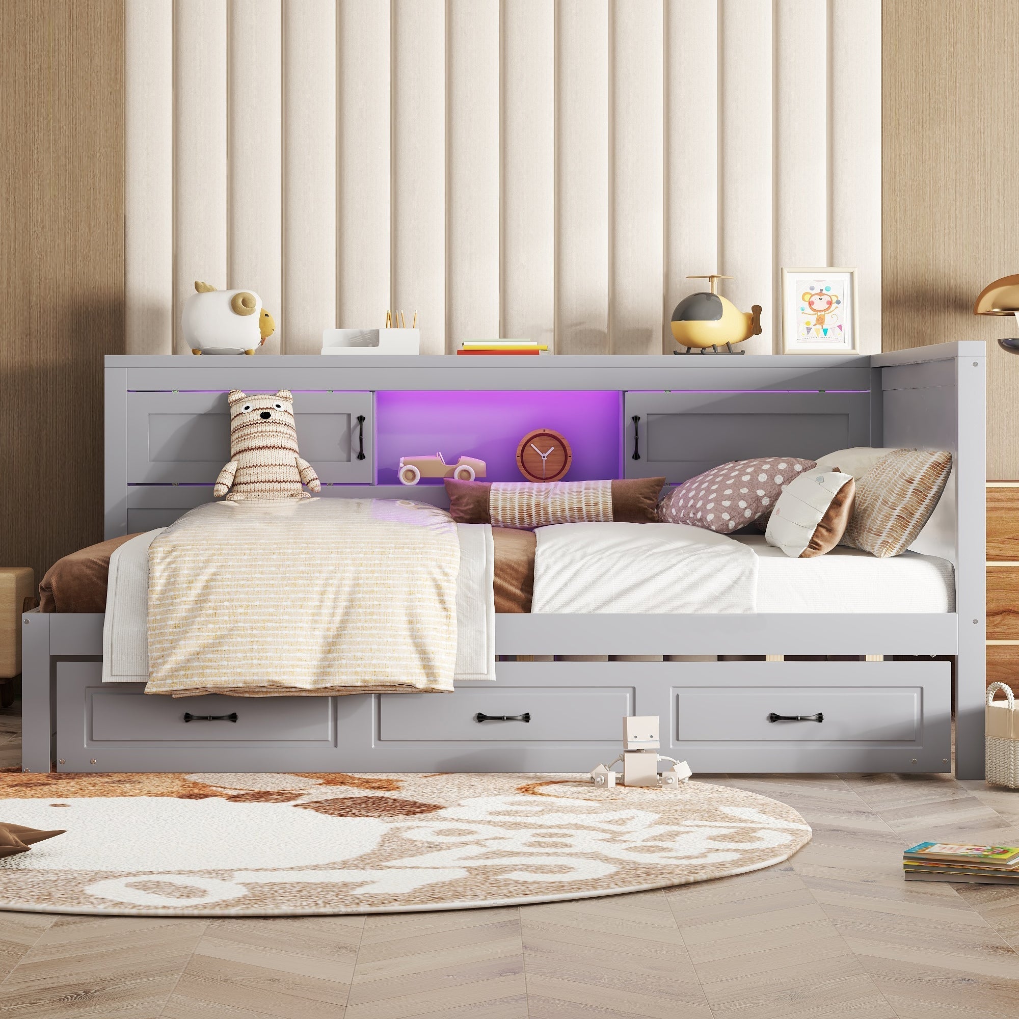 Sofa Bed Daybed 140x200cm Pull-out Bed LED Storage USB/Power Outlet - Grey