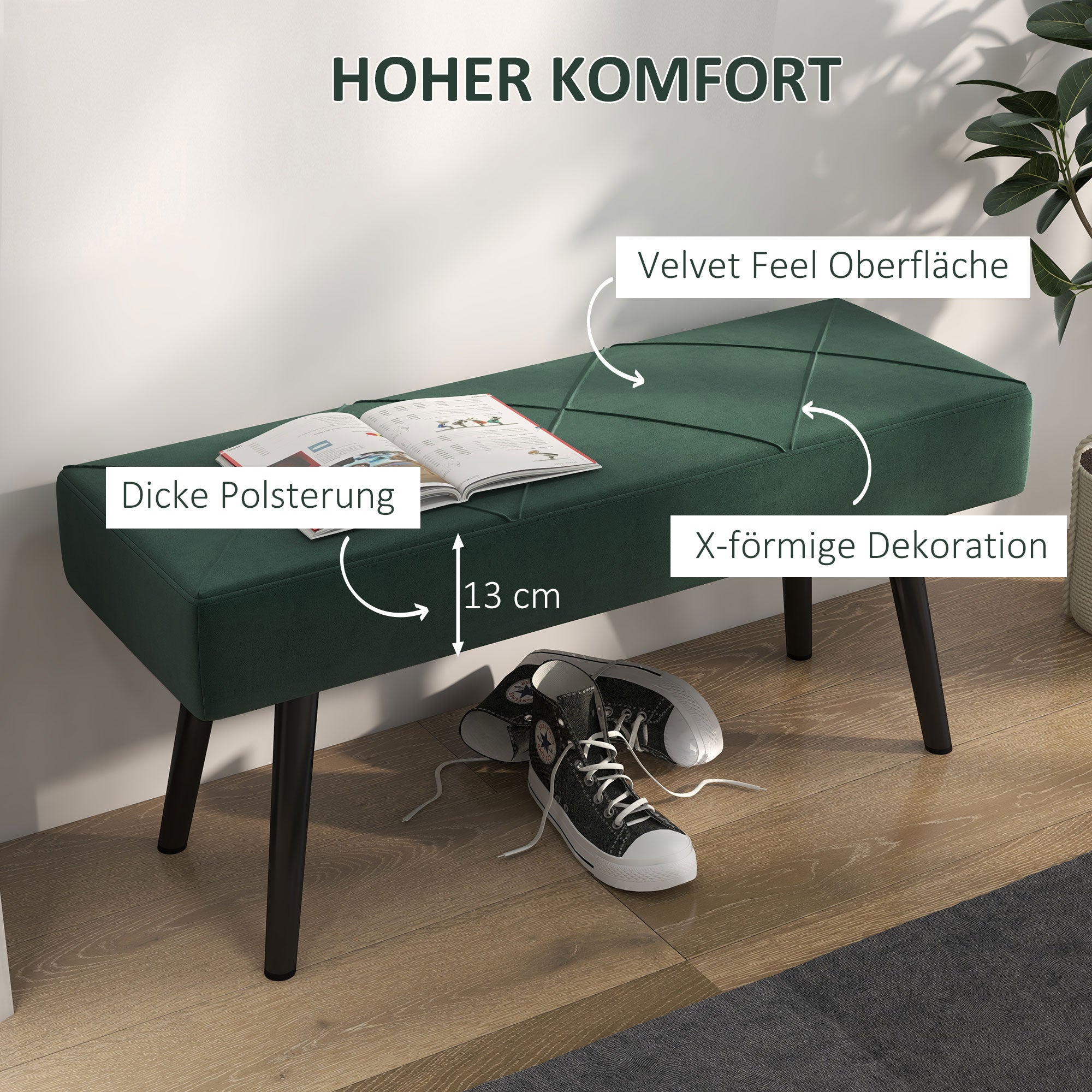 Upholstered Bench X-Pattern Seat, Bed, Hallway, Velvet Look, Green