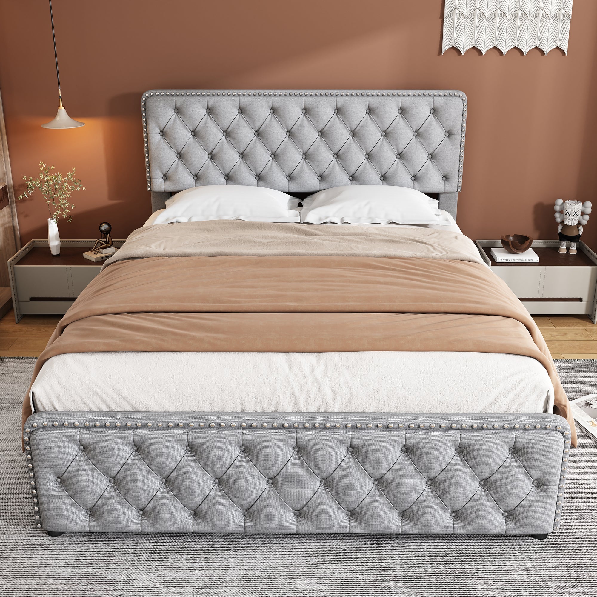 Upholstered Double Bed with 4 Drawers and Height-Adjustable Headboard, 140x190cm, Light Grey Linen