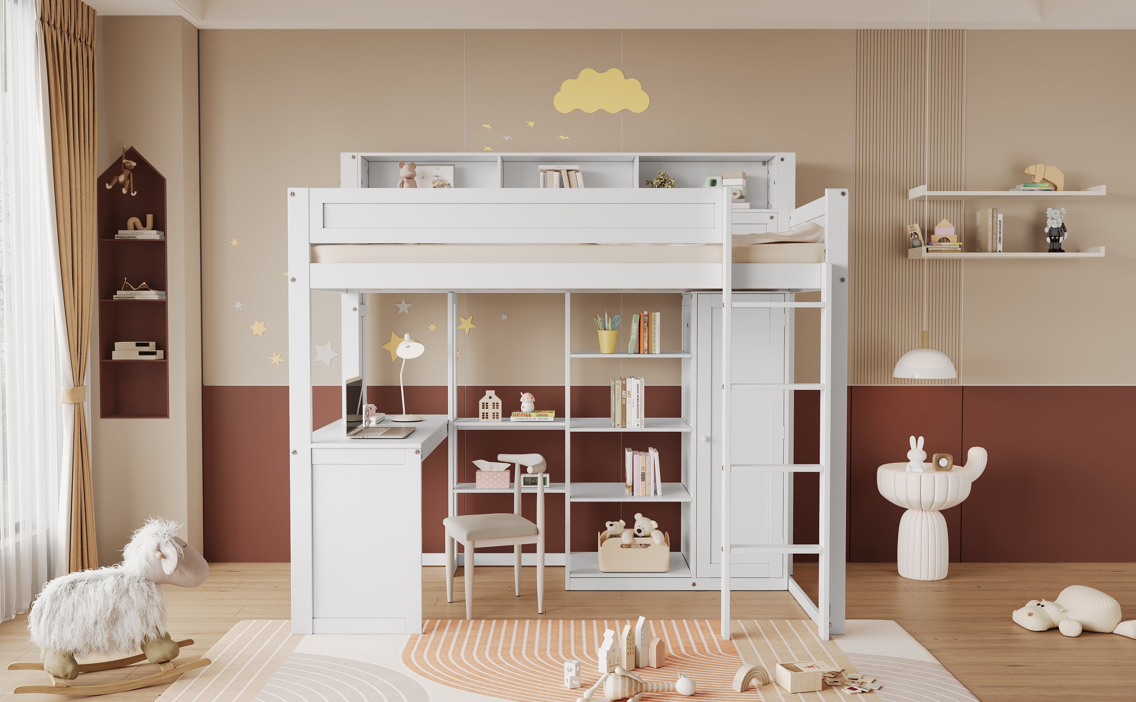 Bunk Bed with Table & Wardrobe, Safety Gate & Shelves, Pine+MDF+Plywood, White, 90x200cm