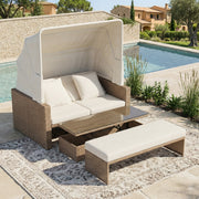 Polyrattan Garden Furniture Set with Adjustable Coffee Table and Removable Awning, Khaki PE Rattan
