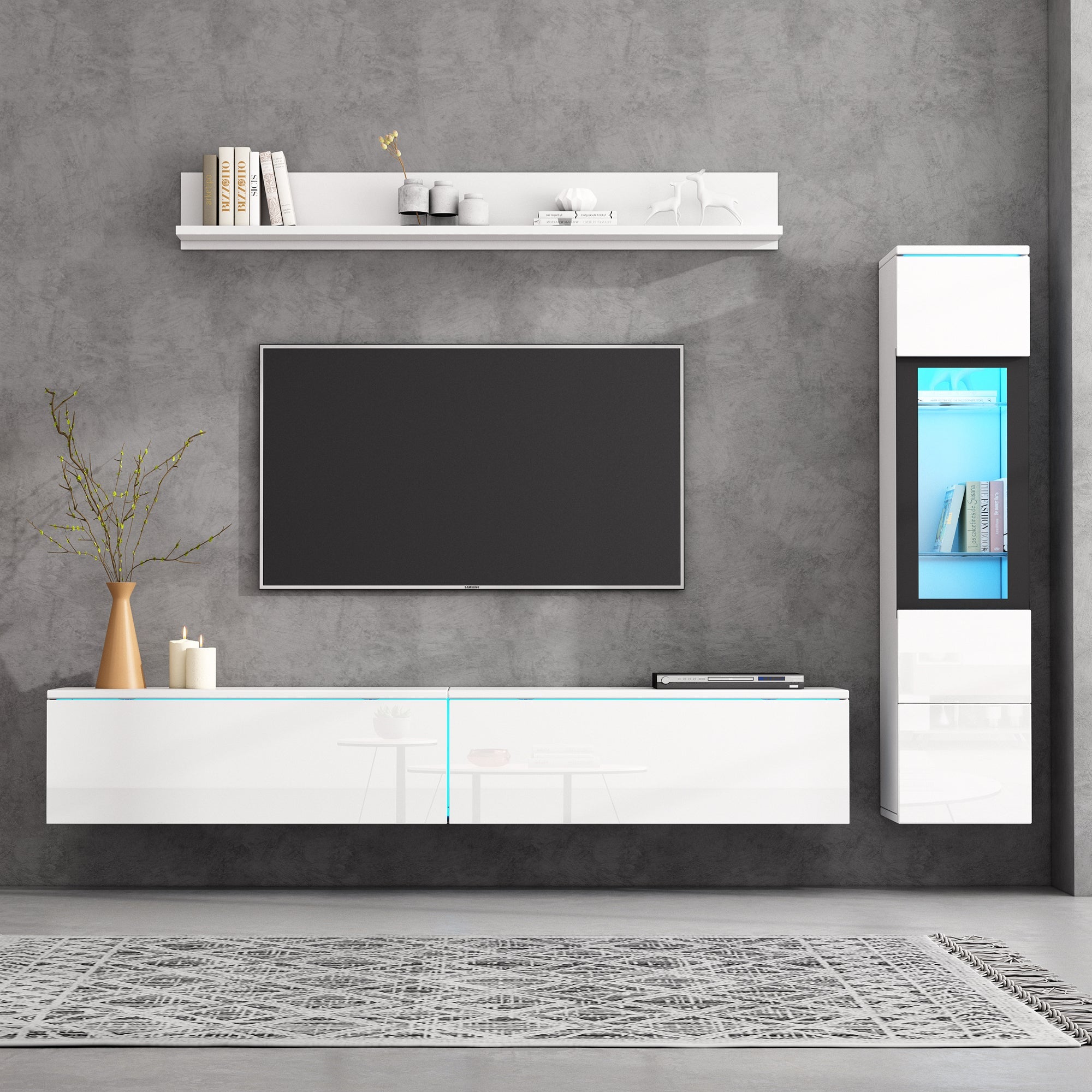 TV Wall Unit Set, 3-Piece LED Lighting, High Gloss White