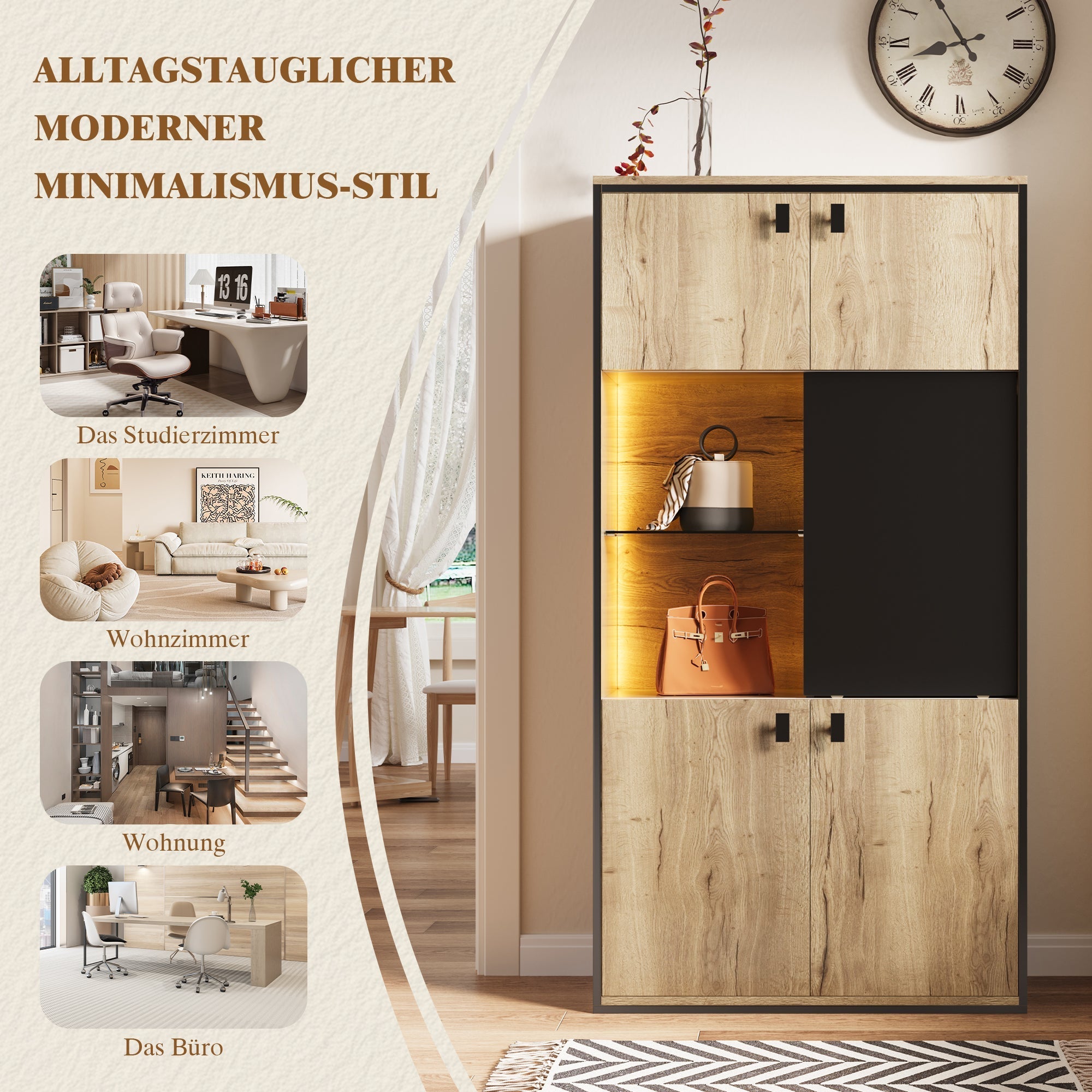Modern Wardrobe Combination with LED Lighting and Sliding Doors, Wood Look and Black