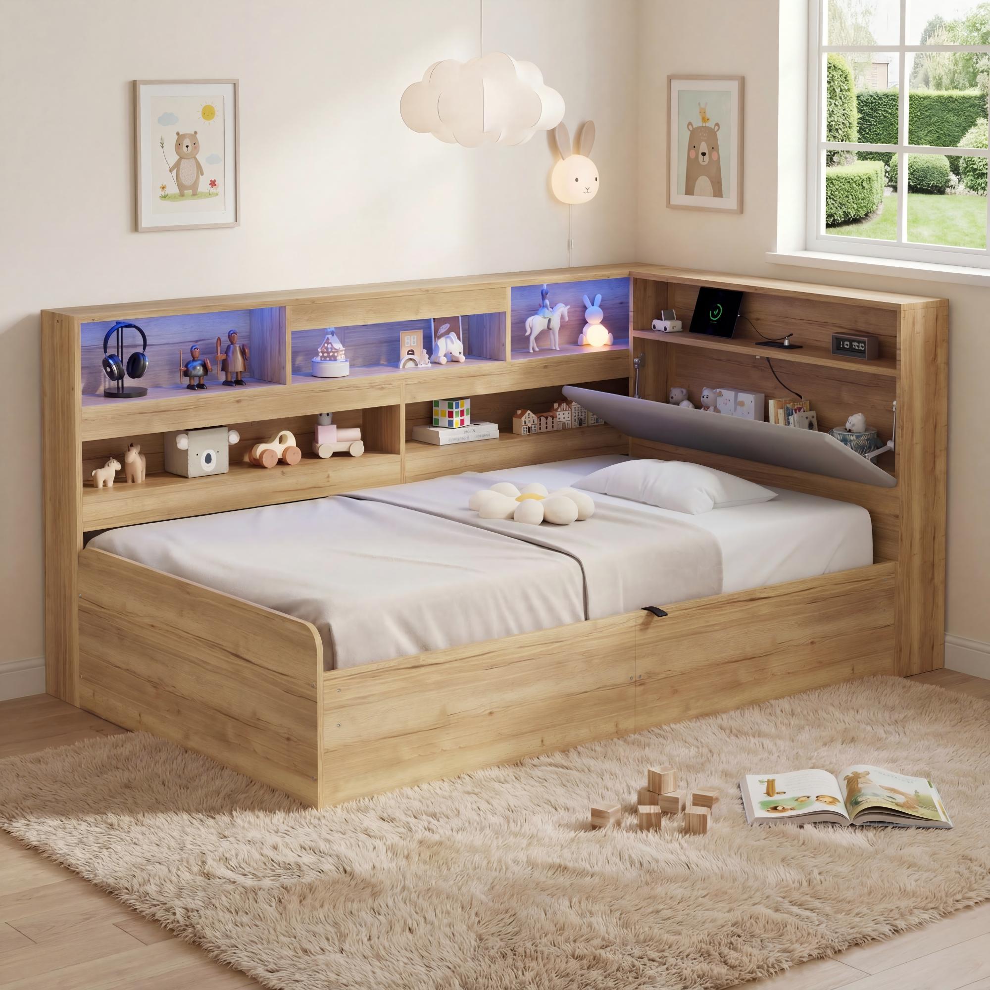 Daybed with Hydraulic Storage, USB Charging and LED Lighting, 90x200cm, Natural Wood