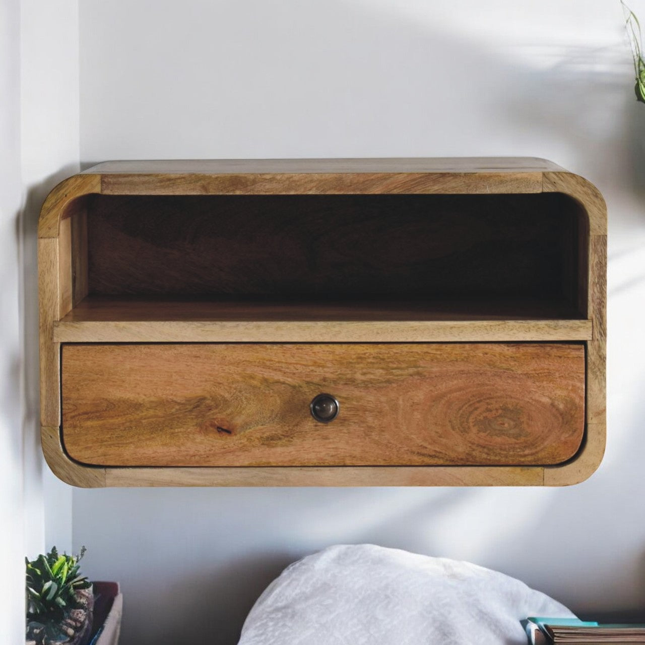 Solid Wood Floating Bedside with 1 Drawer & Open Slot, Brown