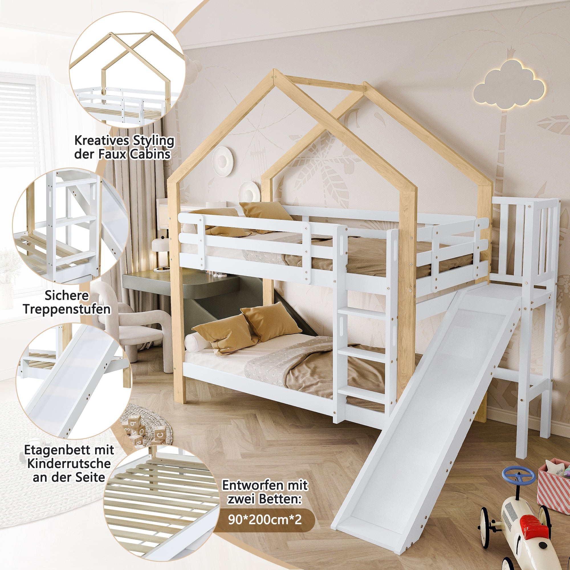 Bunk bed with slide, three-step angled ladder, safety guard, solid wood, white and natural, 90x200cm
