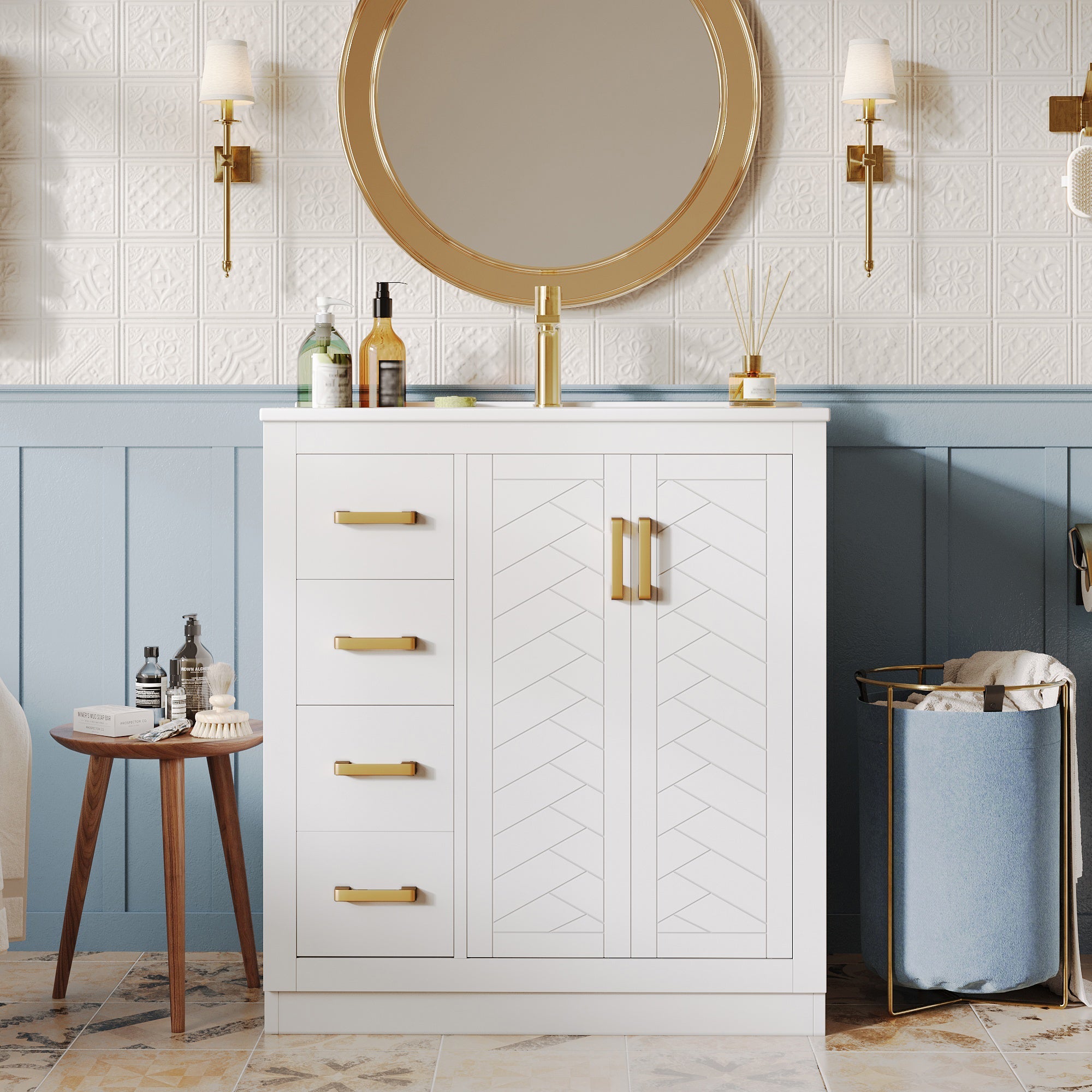 Bathroom Vanity Unit with Ceramic Sink and Side Storage Shelf, White