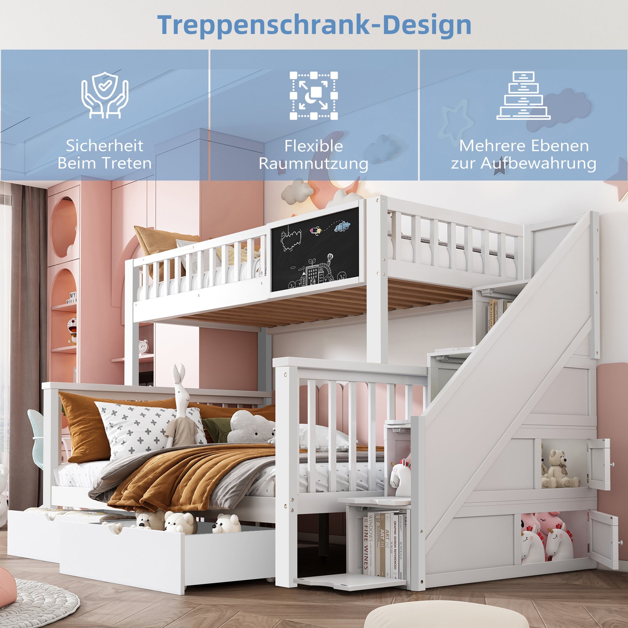 Multifunctional Bunk Bed with Chalkboard and Drawers, 90x200cm and 140x200cm, White