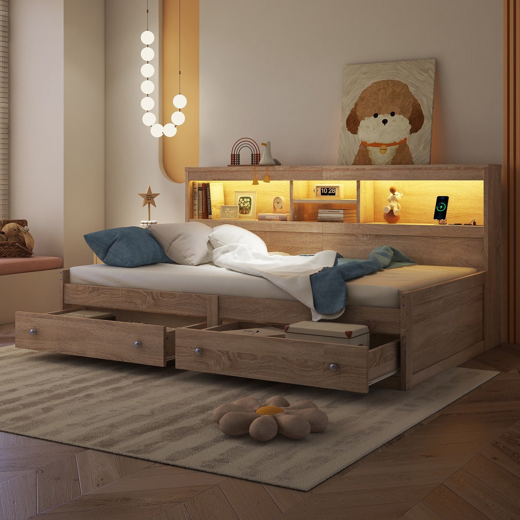 Daybed Sofa Bed 90x200cm Nightstand USB Charging Ambient Lighting 2 Drawers Chipboard Natural