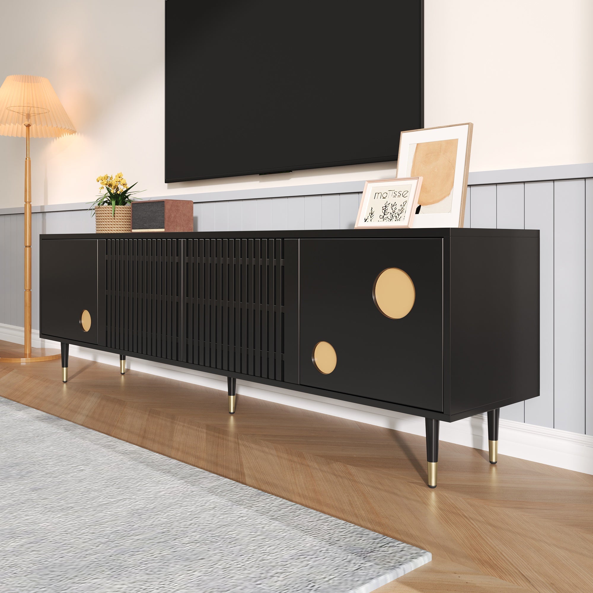TV Cabinet, Lattice, Hidden Handles, Gold Decor, Solid Wood