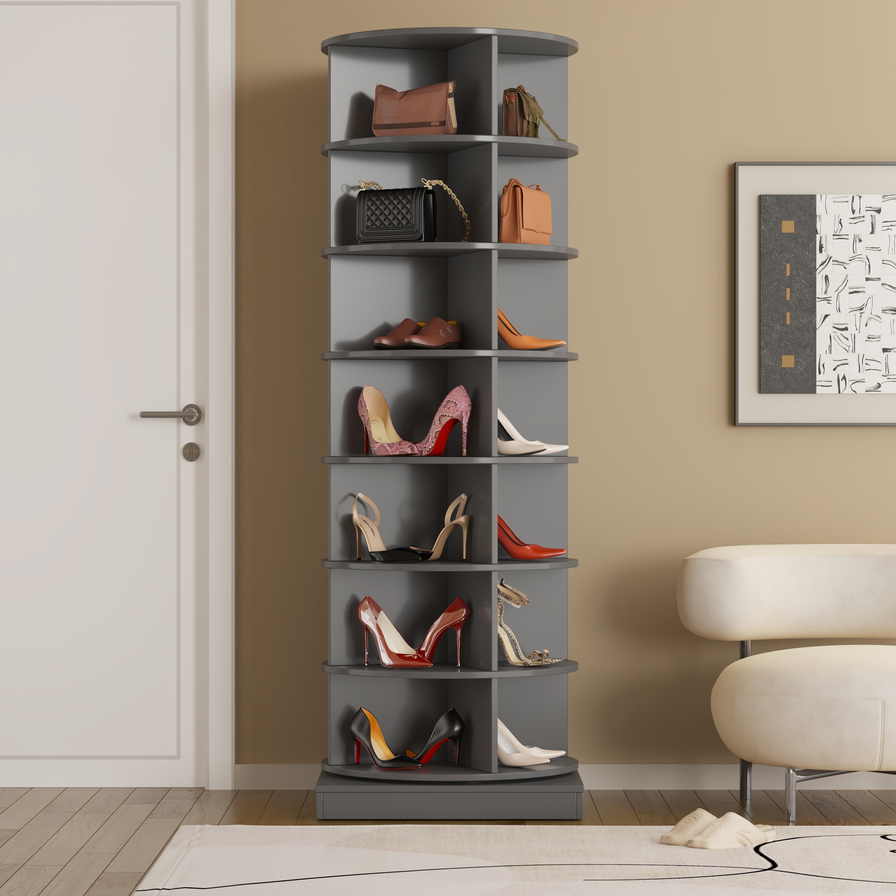 Rotating Shoe Cabinet 360° 7 Shelves 28 Pair Capacity - Grey