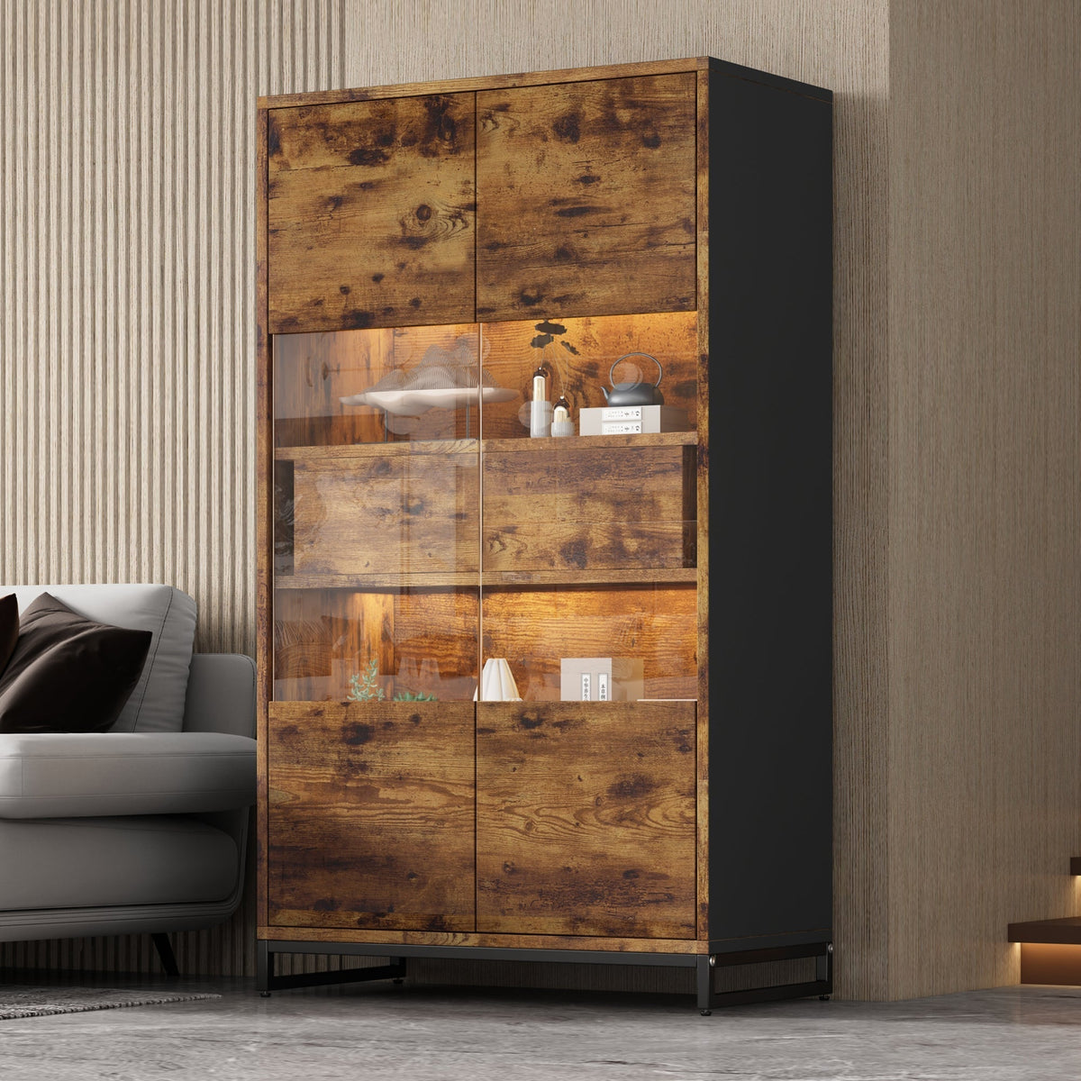 Display Cabinet LED Lighting Storage 2 Drawers Highboard, Black + Wood Grain