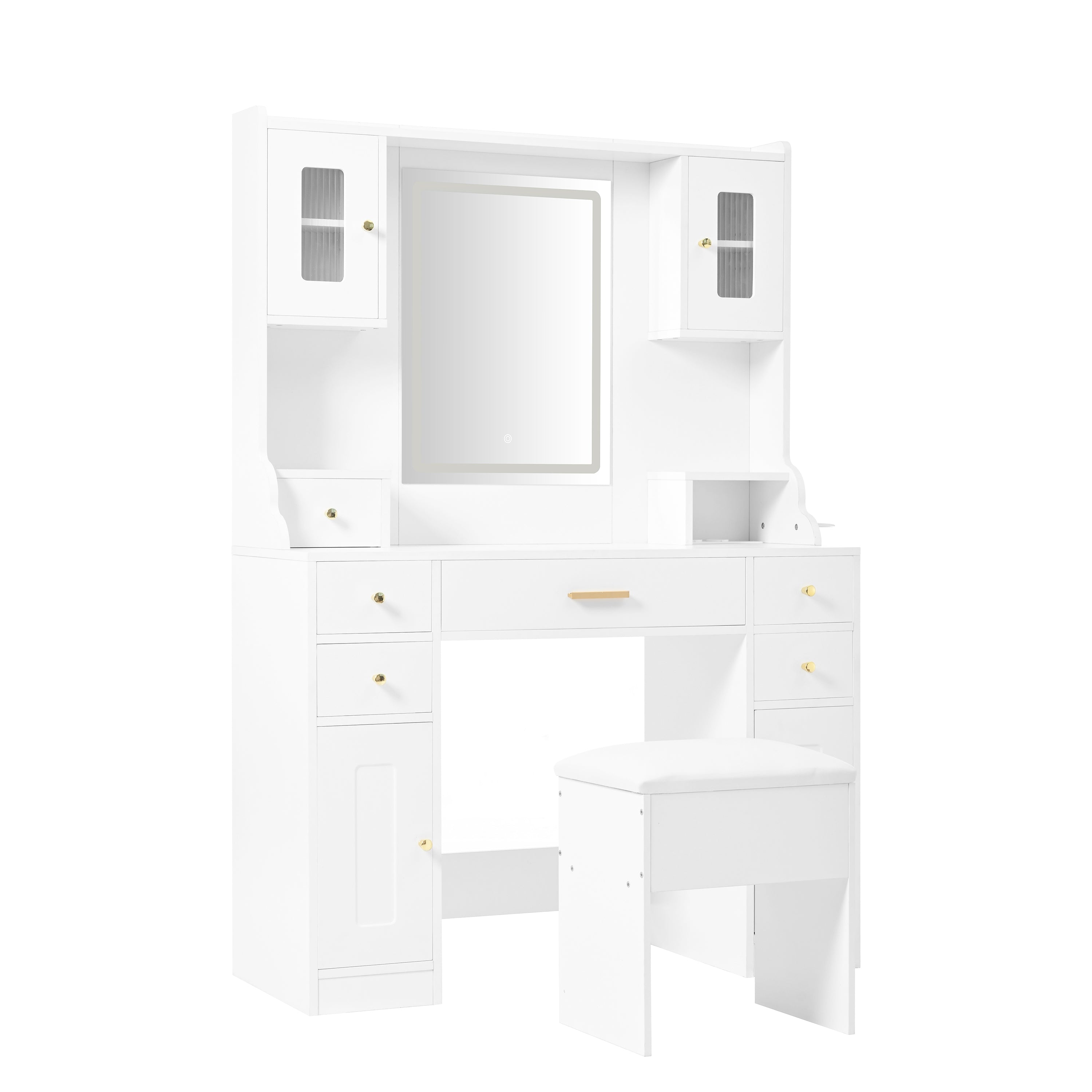 Dressing table with adjustable LED lighting, power outlets, mirror, 6 drawers, 4 doors, white