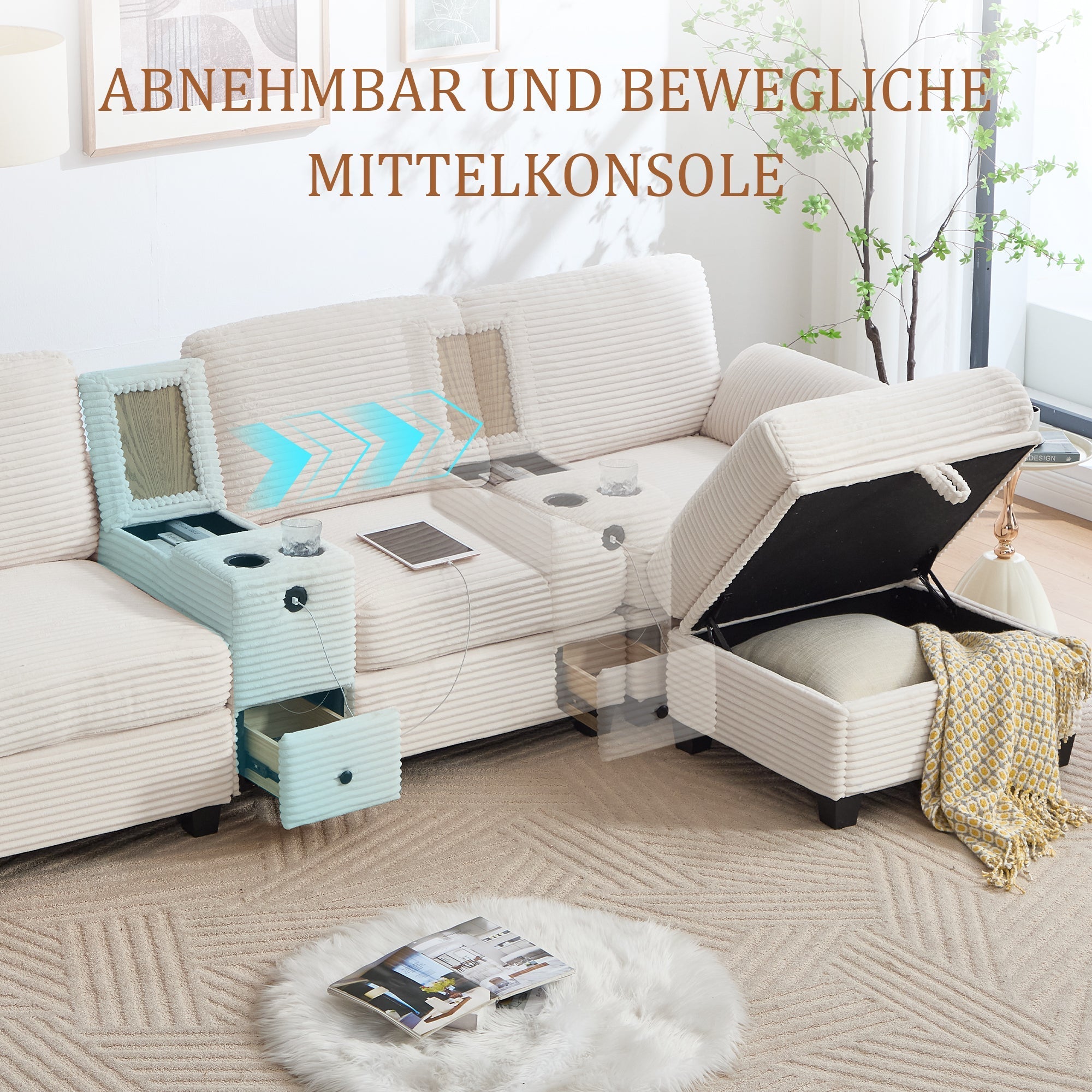 Sofa with Console, USB-C Port, Drawer & Movable Ottoman - Corduroy