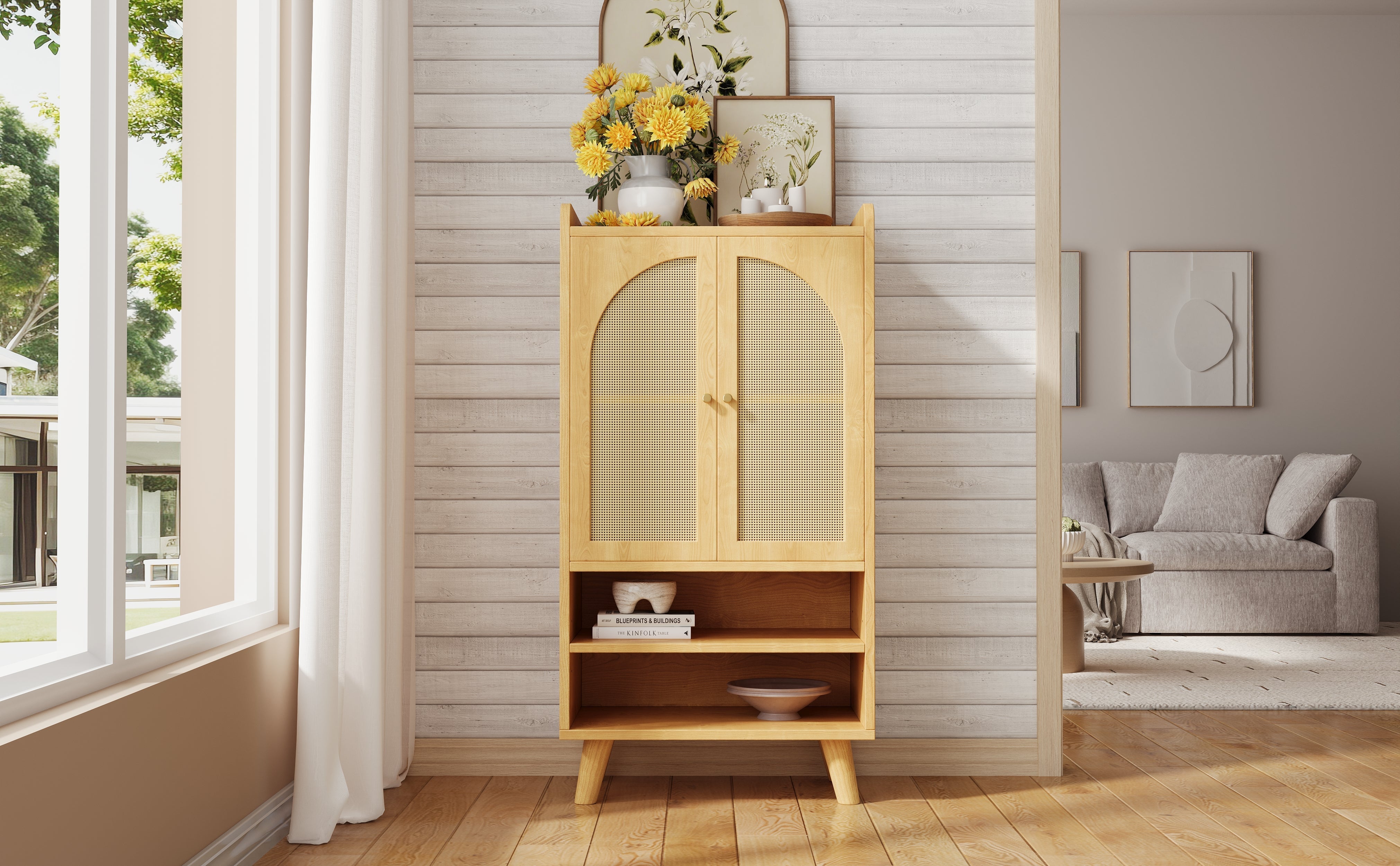 Rattan Sideboard Highboard with 2 Doors and Open Storage Rattan