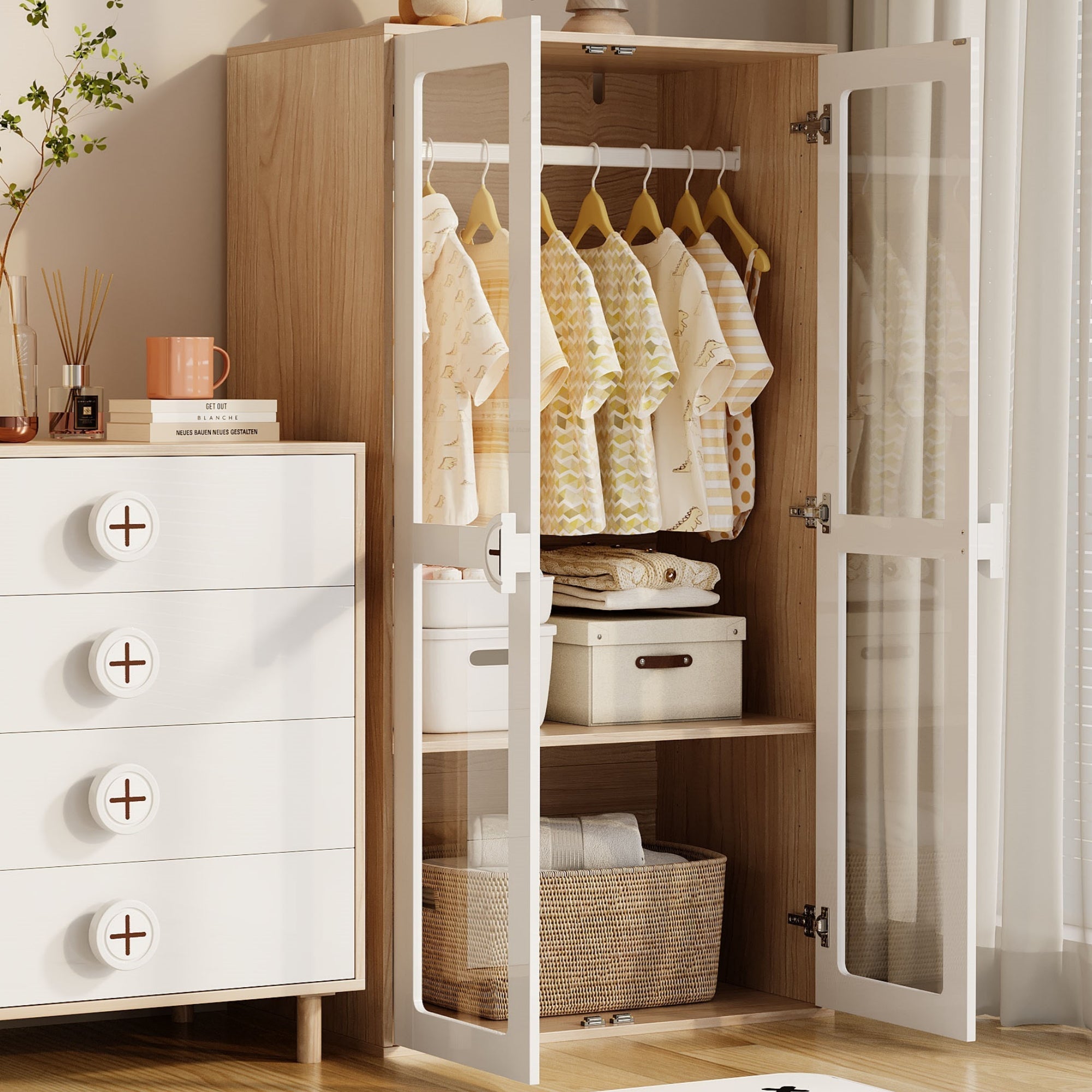Children's Wardrobe, Double Doors Hanging Rail Sliding Shelves, White Lacquer & Natural MDF