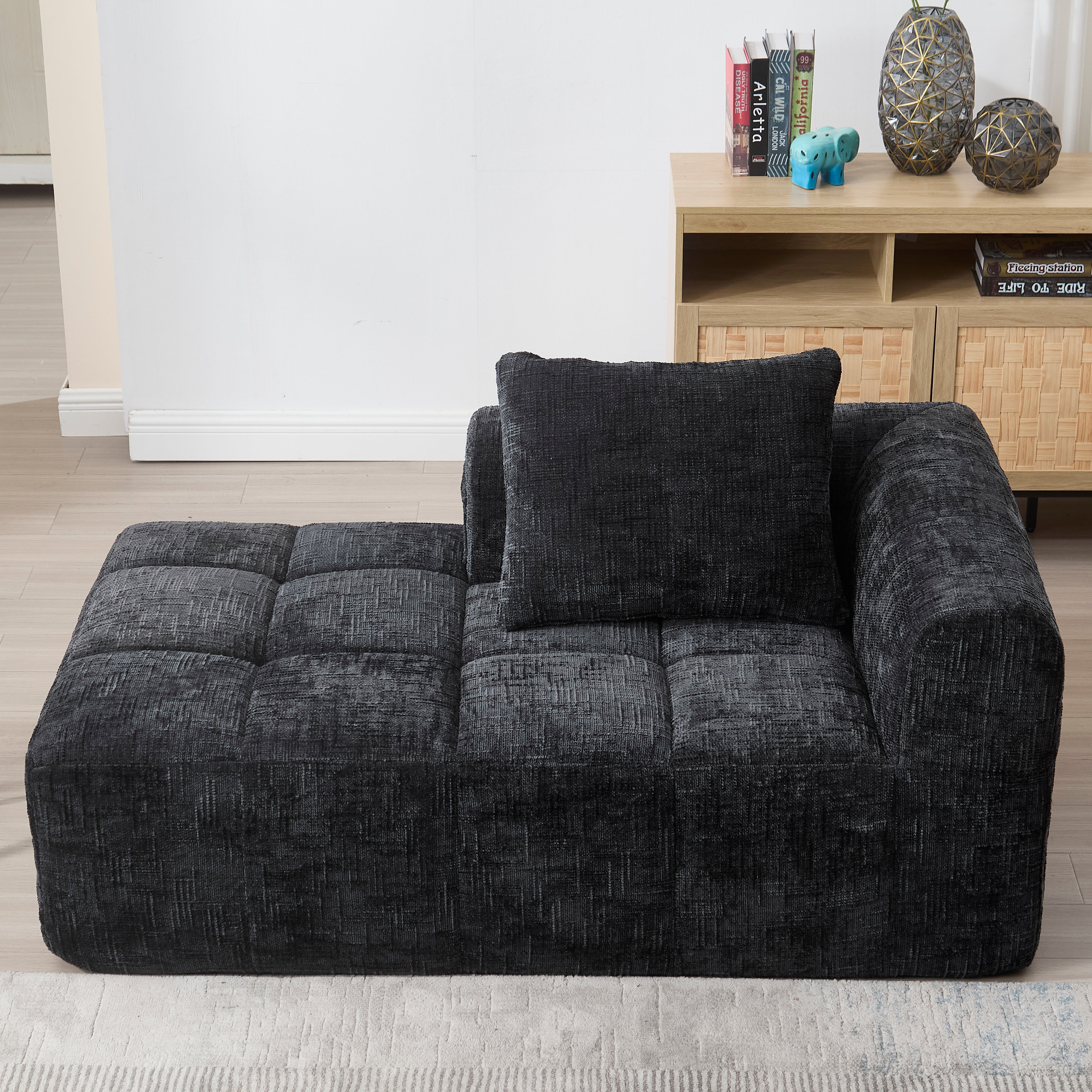 Chaise Longue Sofa, Soft Cushions Side Pockets, Black