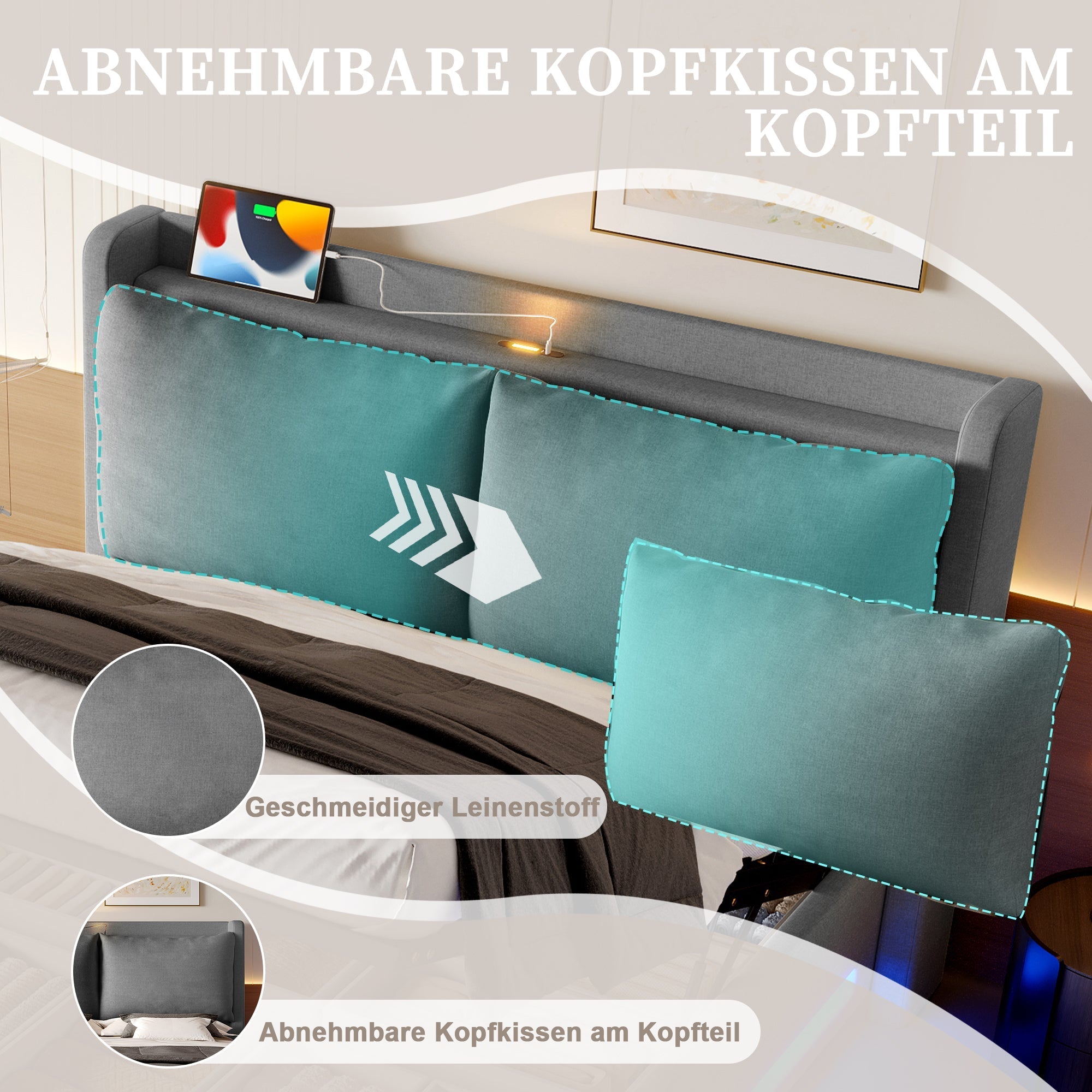 Upholstered Bed 140x190cm Storage LED USB-C Stylish Headboard - Modern