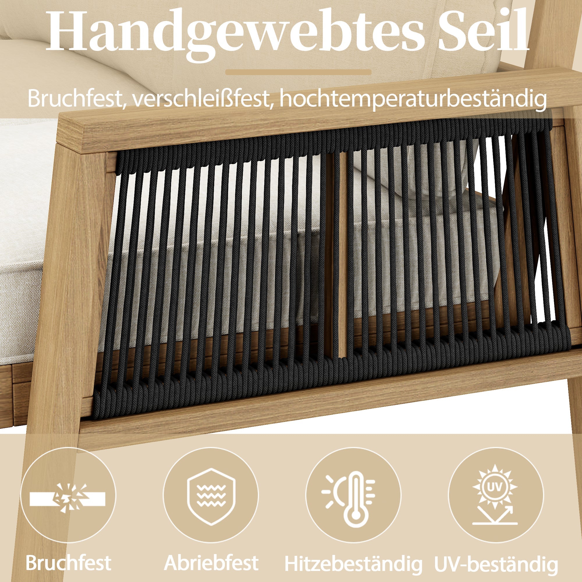 Garden Furniture Set with Corner Sofa and Coffee Table, Acacia Wood and Woven Rope, Natural and Cream