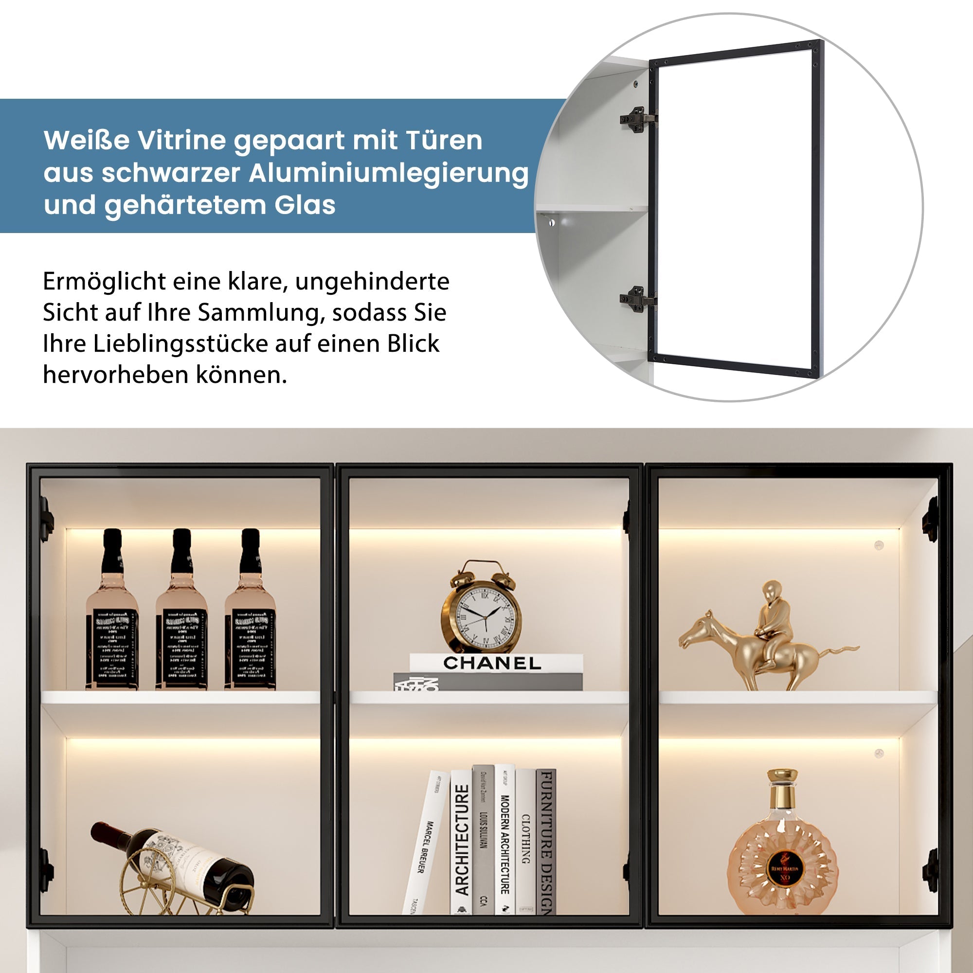 White Display Cabinet with LED Lights and Glass Doors, 200cm High, White and Black Frame